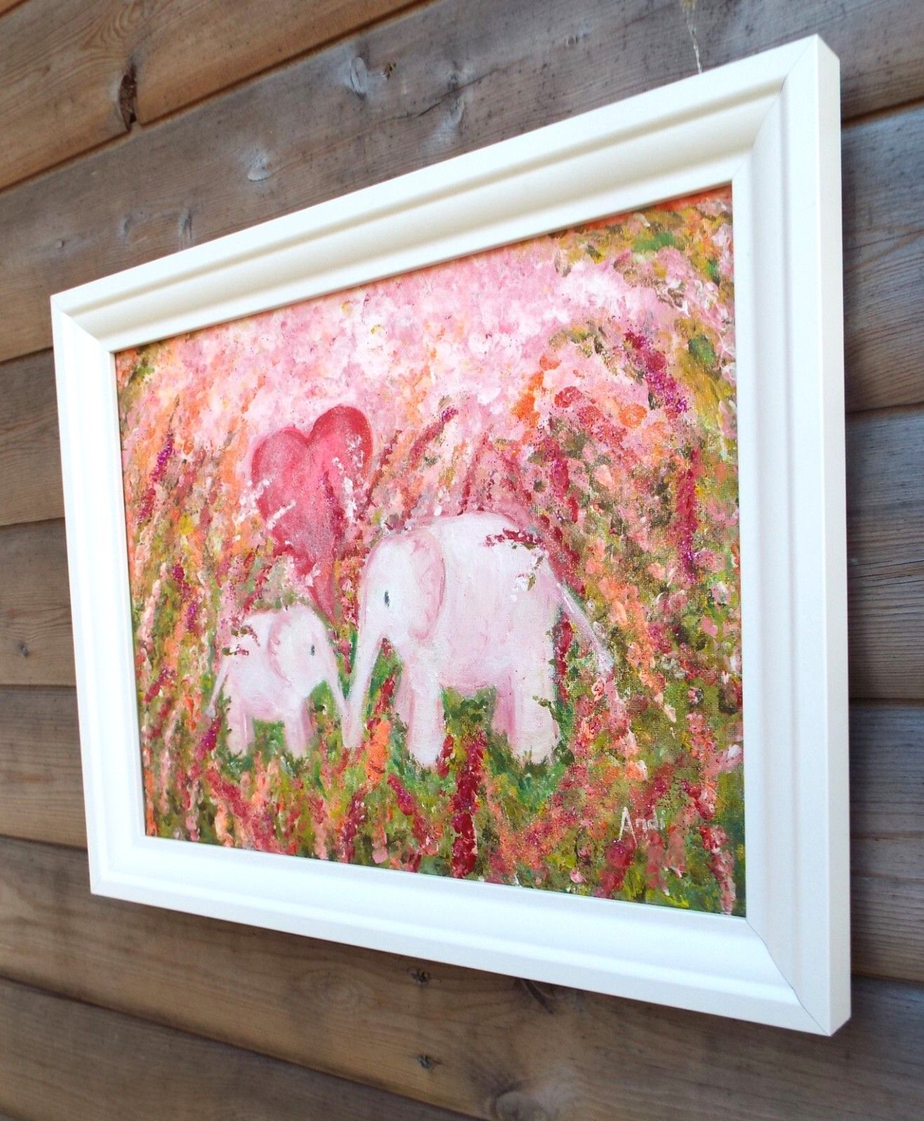 Cute Mother & Baby Elephants Whimsical Art Original Framed Painting Andi J Lucas photo for sale