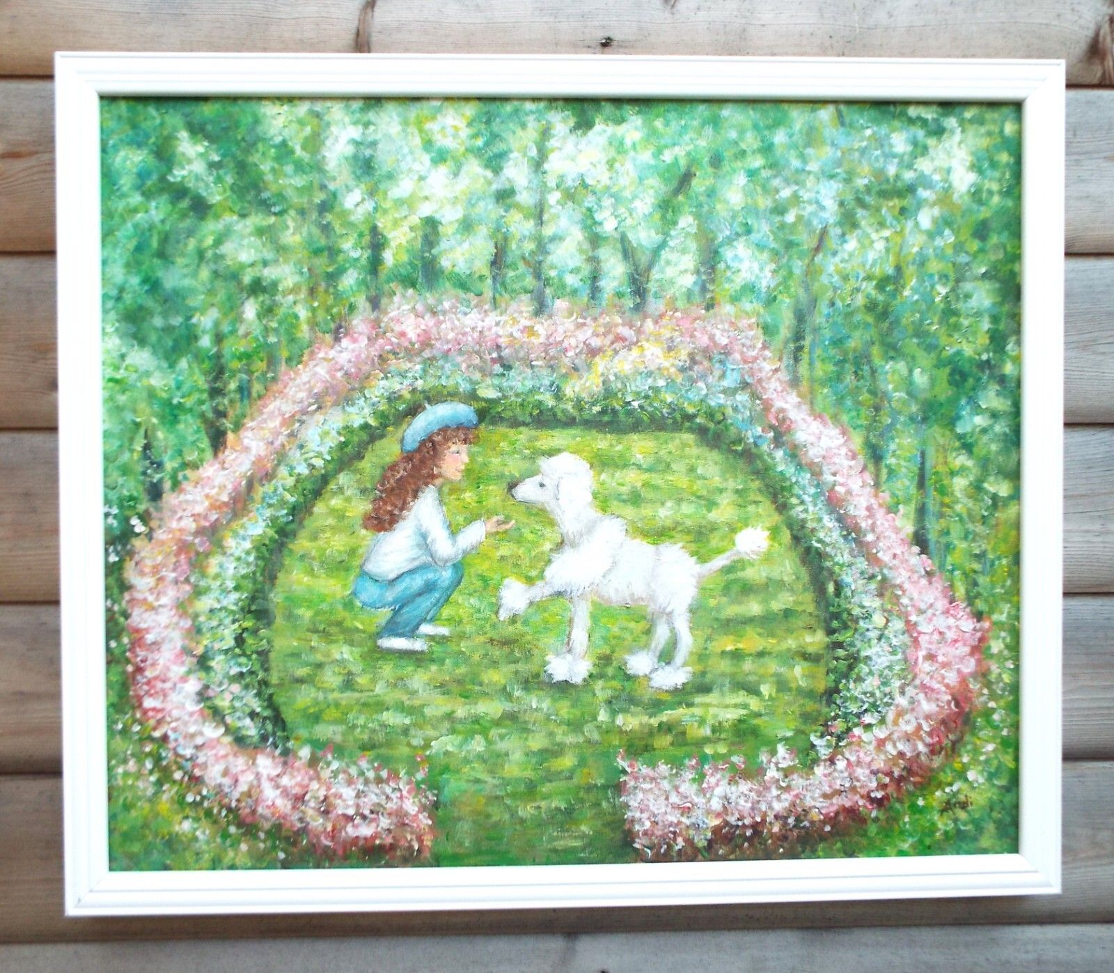 Girl & French Poodle Parisian Park Garden Original Framed Painting Andi Lucas
