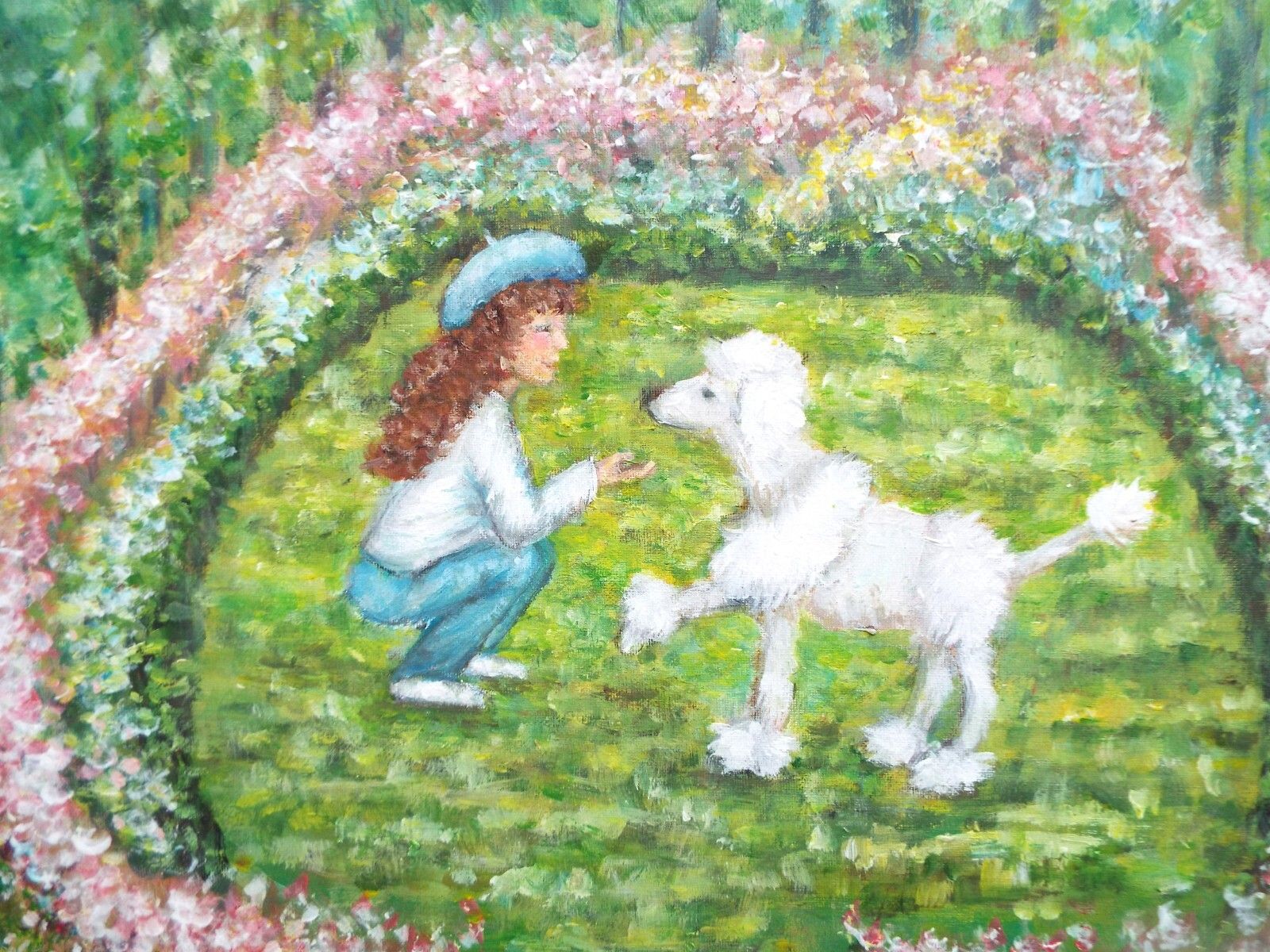 Girl & French Poodle Parisian Park Garden Original Framed Painting Andi Lucas photo furniture