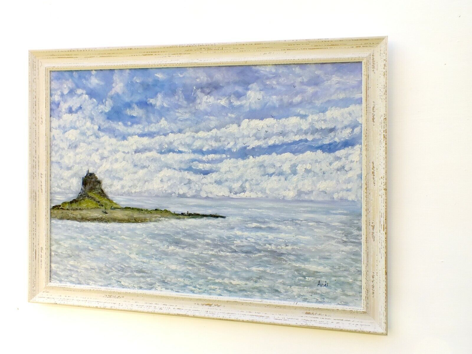 Holy Island Of Lindisfarne English Seascape Oil Painting Signed Framed Andi photo for sale