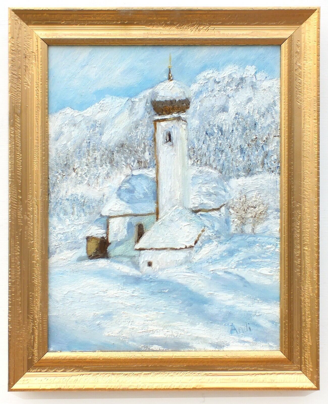 Austrian Church Winter Landscape Alpine Mountains Oil Painting Framed Andi Lucas