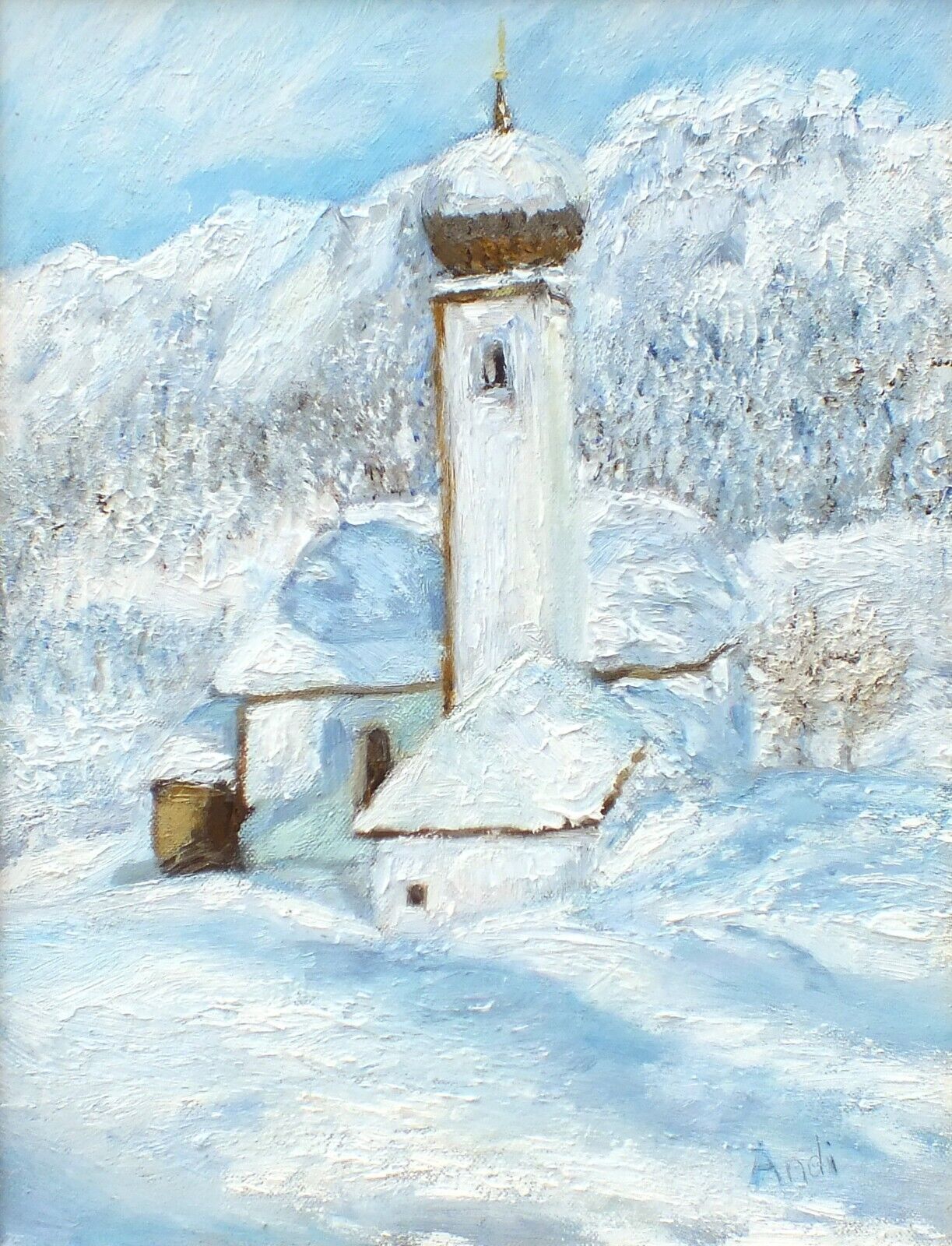 Austrian Church Winter Landscape Alpine Mountains Oil Painting Framed Andi Lucas photo furniture