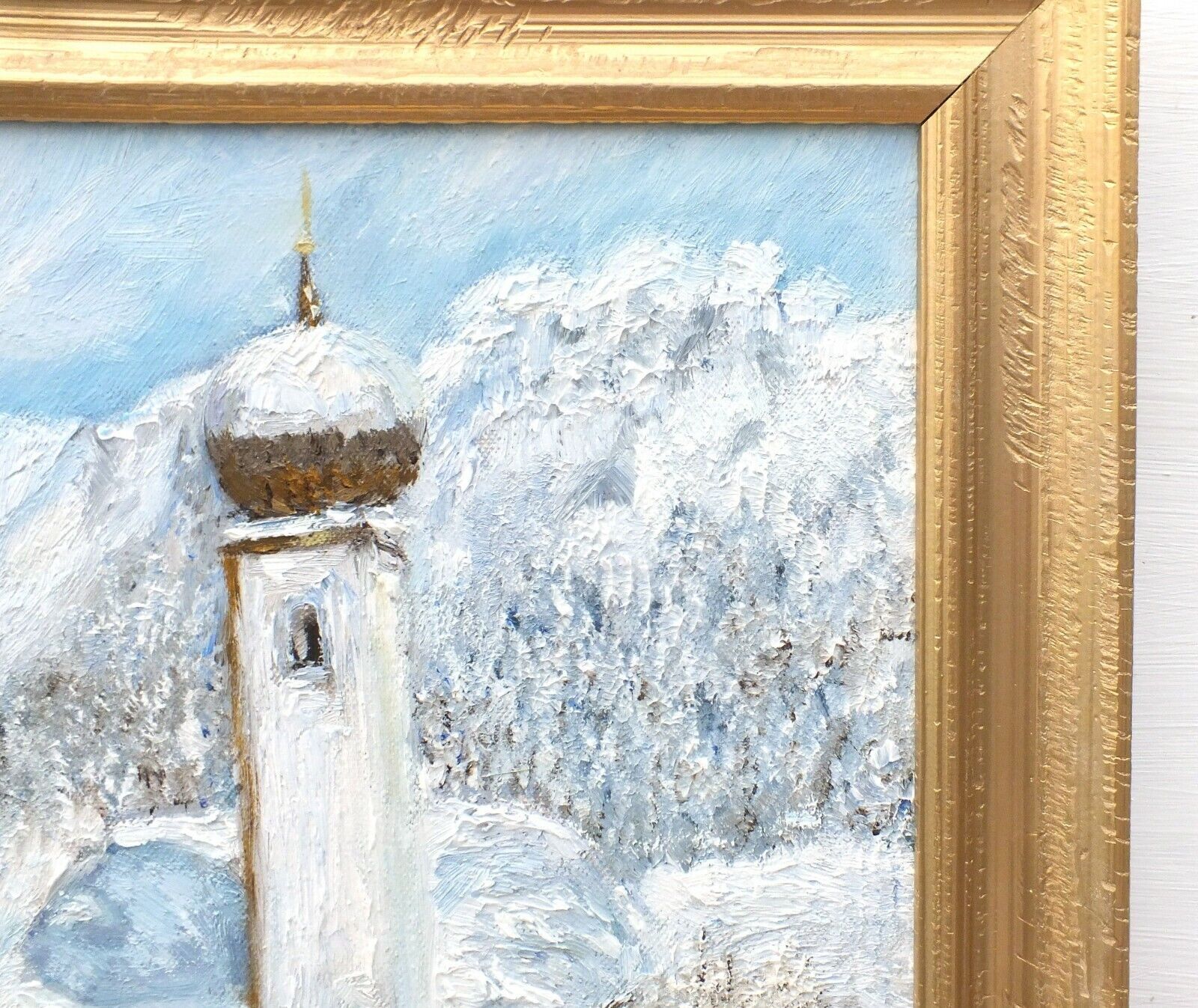 Austrian Church Winter Landscape Alpine Mountains Oil Painting Framed Andi Lucas photo 301.0