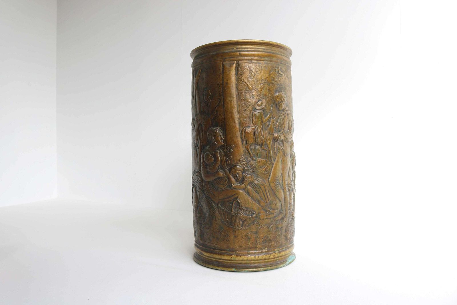 Antique Handcrafted Round Embossed Walking Stick Stand Umbrella Stand Umbrella Holder Craftsmanship Peasants Scene Entryway 1930s