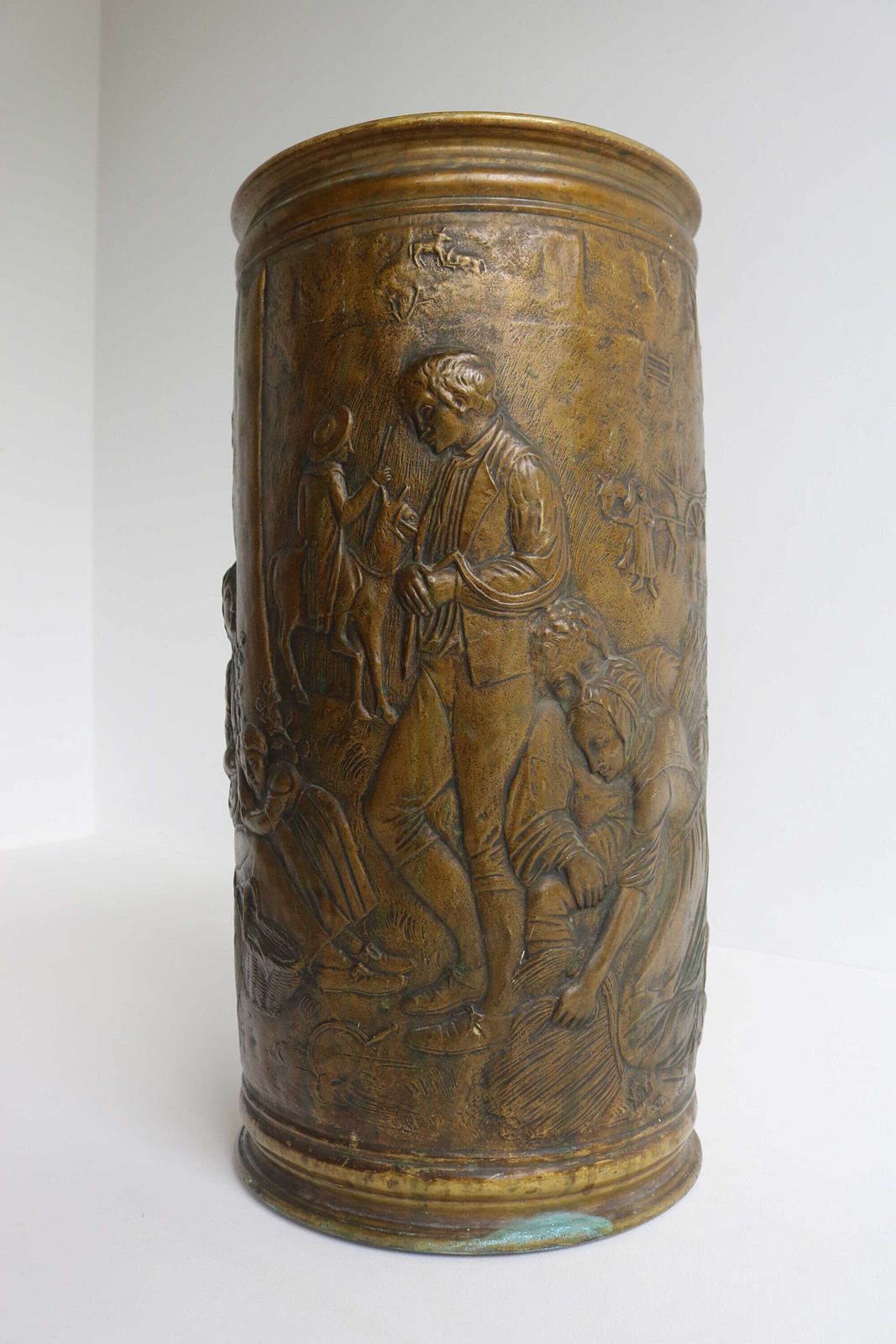 Antique Handcrafted Round Embossed Walking Stick Stand Umbrella Stand Umbrella Holder Craftsmanship Peasants Scene Entryway 1930s photo for sale