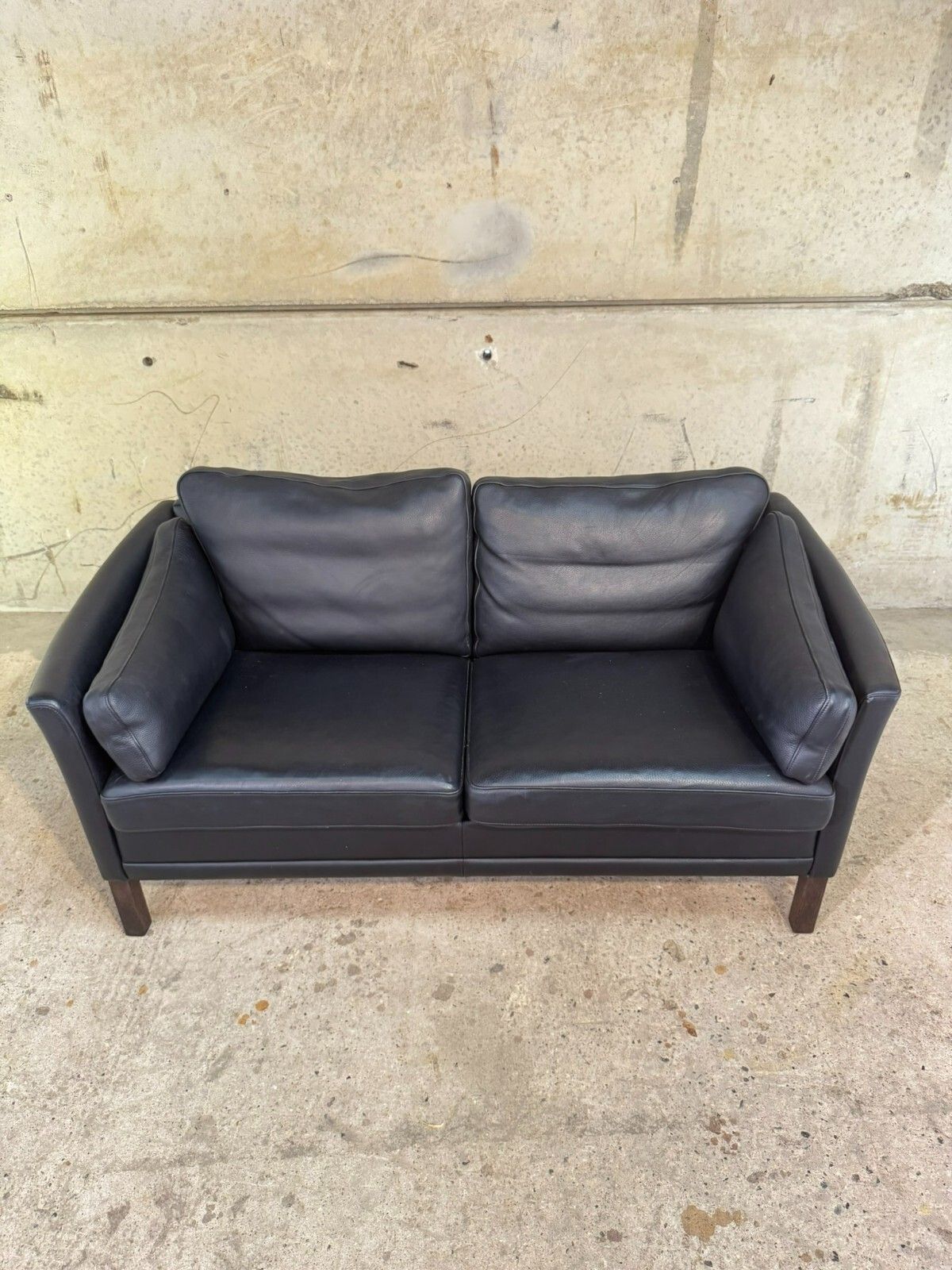 Vintage Danish Mogens Hansen Two Seater Black Leather Sofa #A553 photo for sale