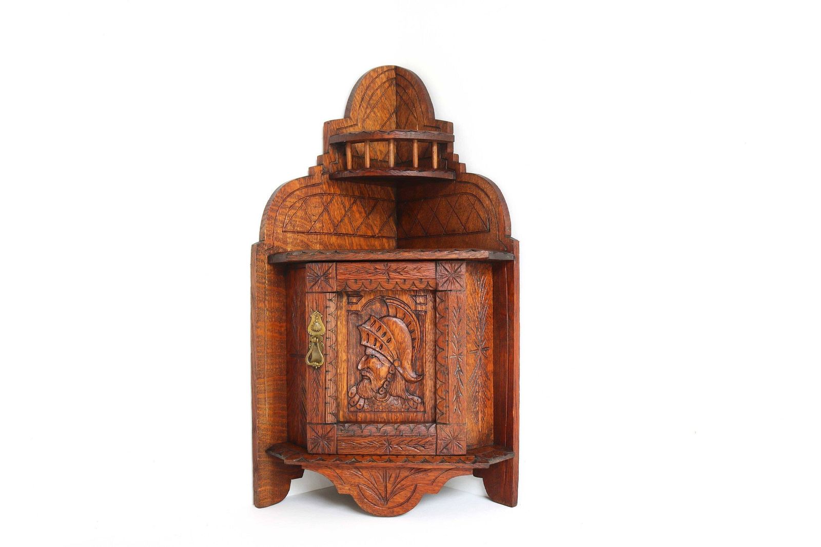 Antique 19th Century French Breton Brittany Renaissance Oak Carved Corner Wall Cabinet With Knight 1880 Medicine Bathroom Kitchen Cabinet