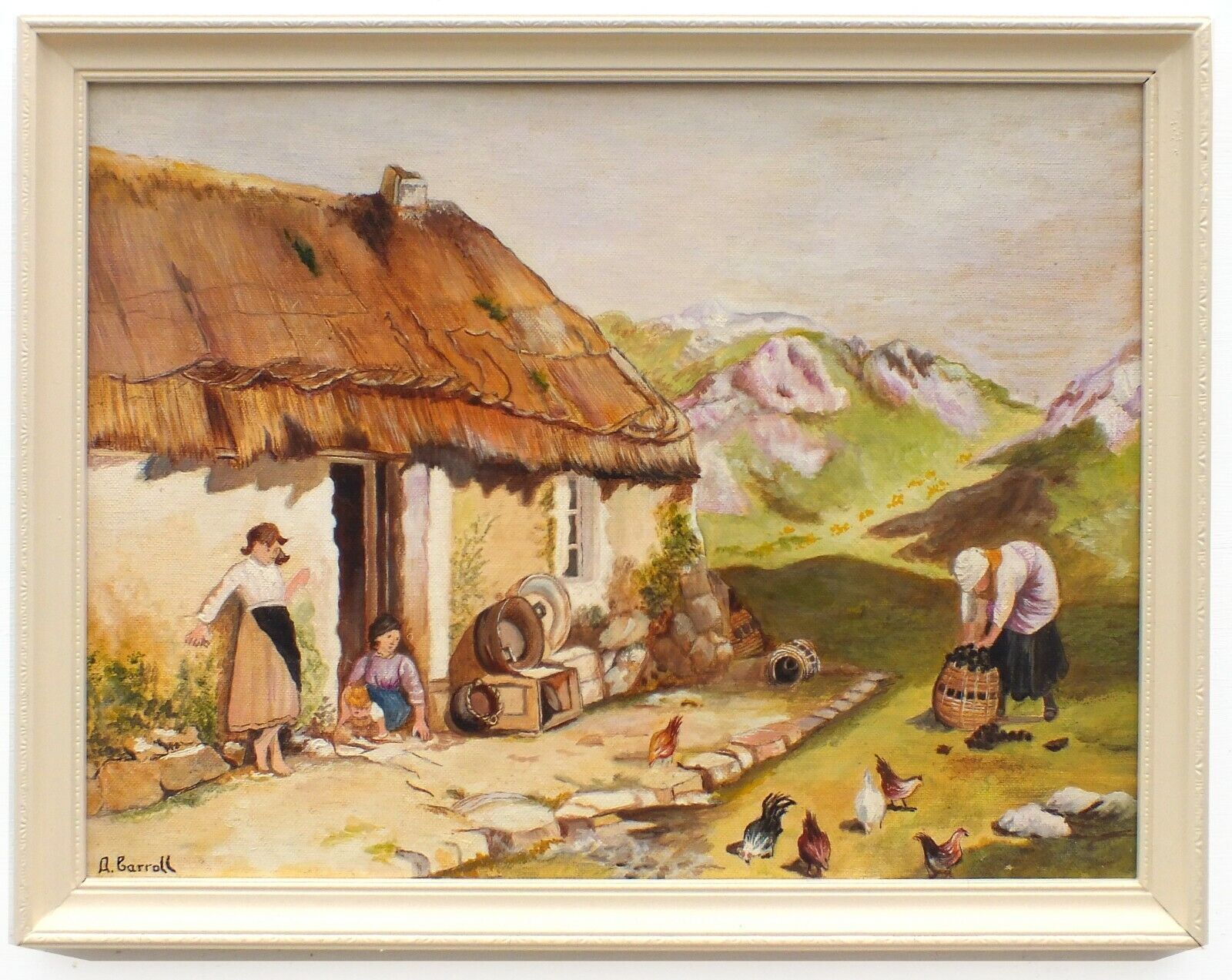 Thatched Cottage Landscape Derbyshire Children Vintage Oil Painting Framed