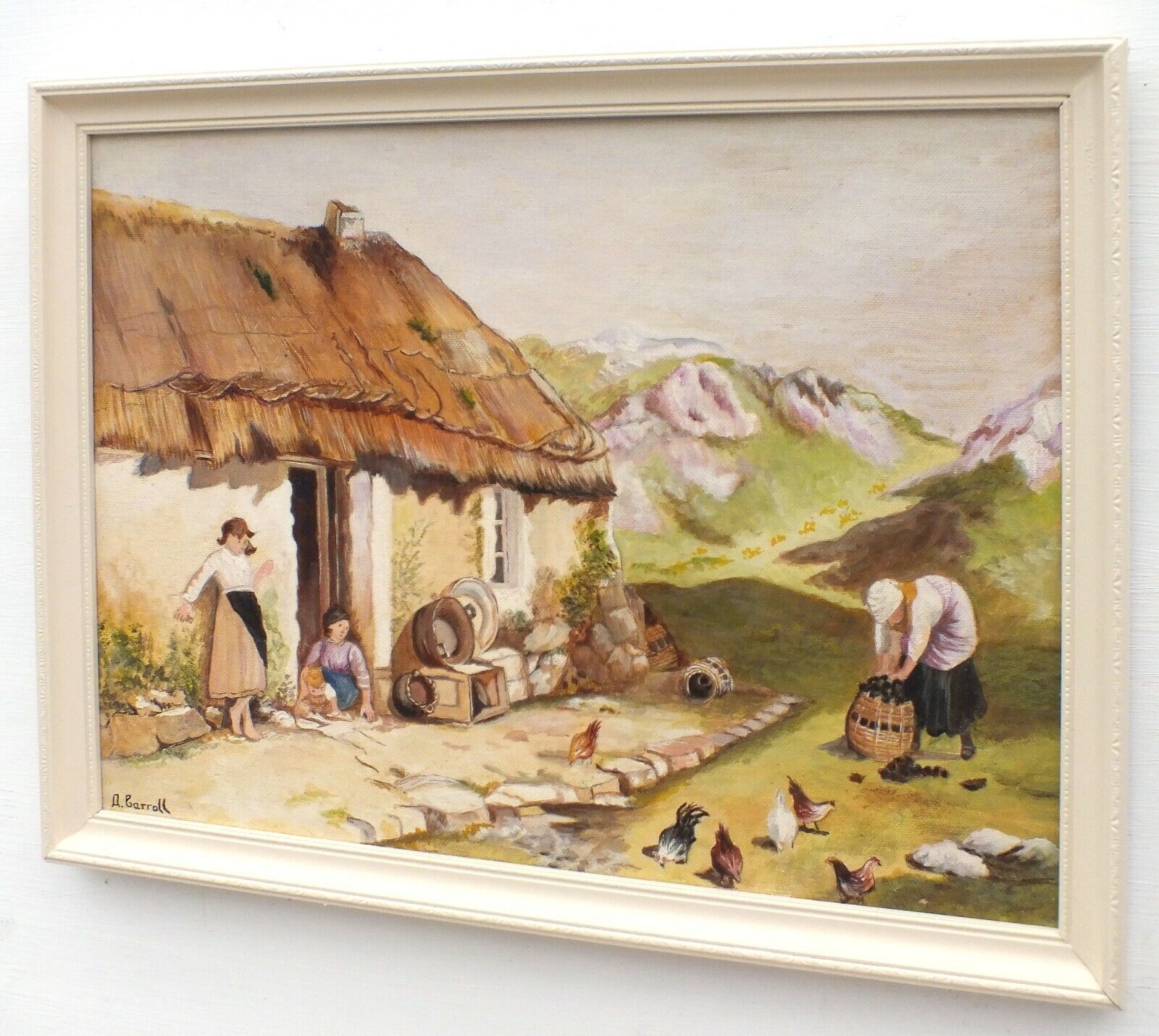 Thatched Cottage Landscape Derbyshire Children Vintage Oil Painting Framed photo Art