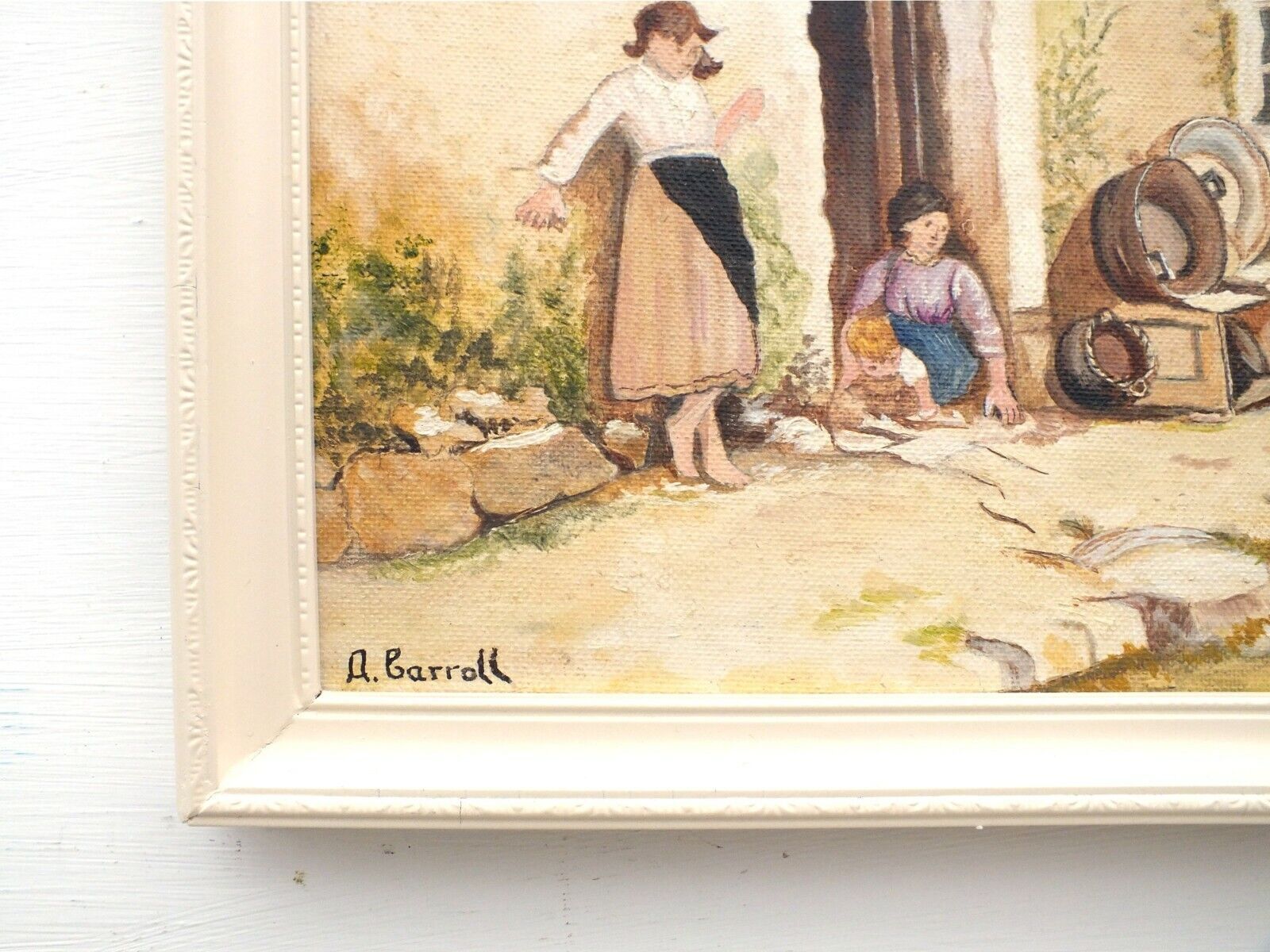 Thatched Cottage Landscape Derbyshire Children Vintage Oil Painting Framed photo 135.0