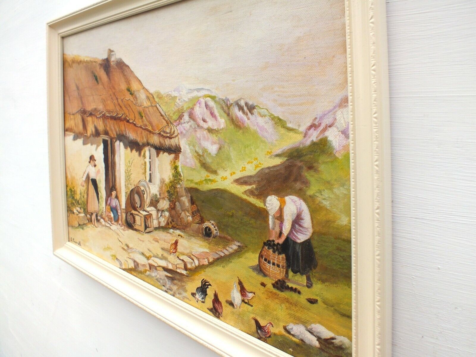 Thatched Cottage Landscape Derbyshire Children Vintage Oil Painting Framed photo buy