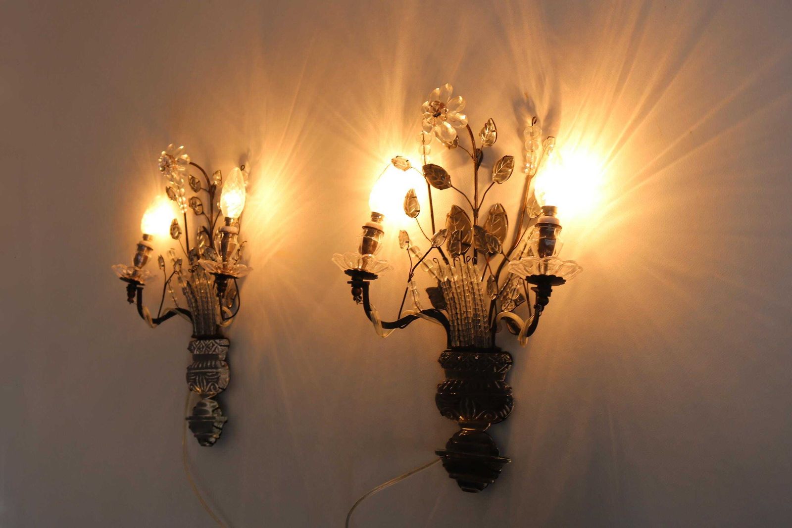 Pair Of Vintage Maison Baguès Paris Wall Sconces French Couple Grystal And Iron Wall Lights Flowers And Leaves Early 20th Century photo vinterior