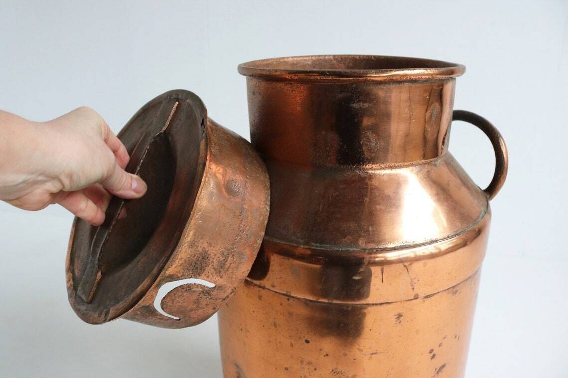 Authentic Antique Copper Plated Milk Jar Handles Umbrella Stand Holder 1880  1900s Country Style Can Farm Late 19th Century Milk Container photo 517.0