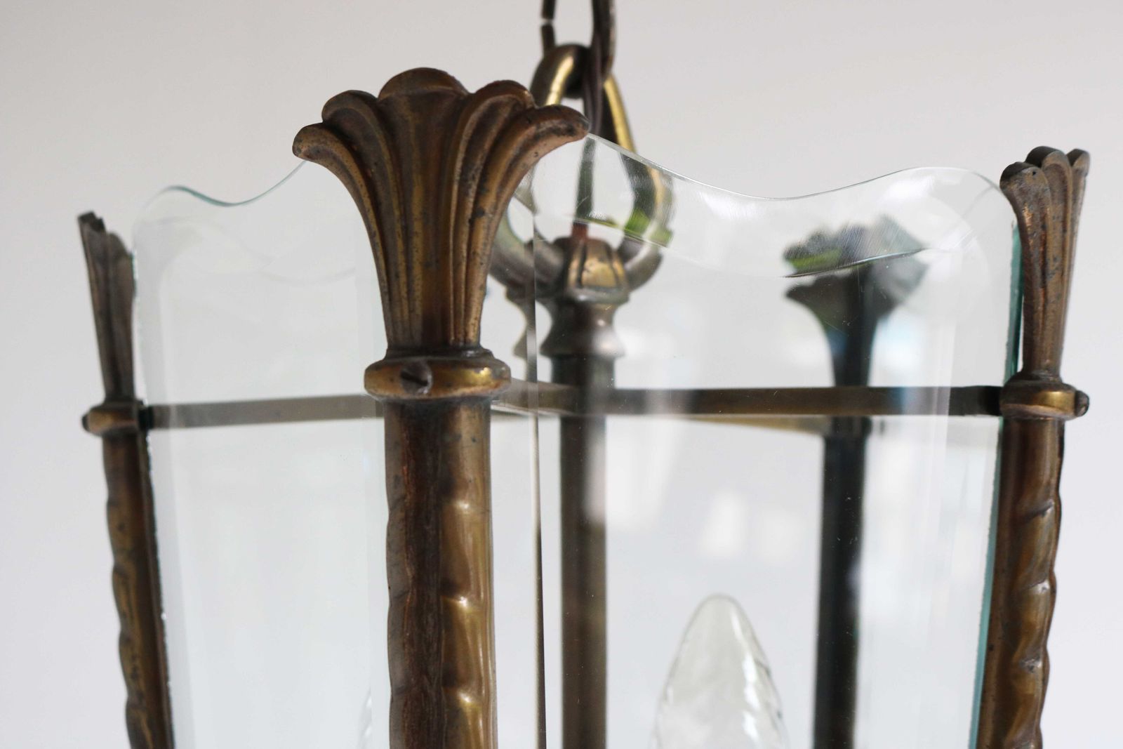 Antique Art Nouveau Bronze Lantern With Beveled Glass Panels Handcrafted Vintage French Entryway Hall Ceiling Light Pendant Brass Ca. 1900 photo furniture