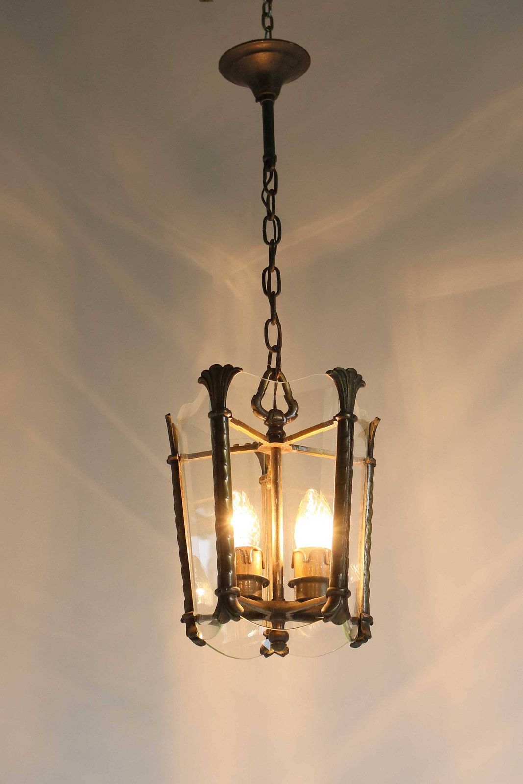 Antique Art Nouveau Bronze Lantern With Beveled Glass Panels Handcrafted Vintage French Entryway Hall Ceiling Light Pendant Brass Ca. 1900 photo vinterior
