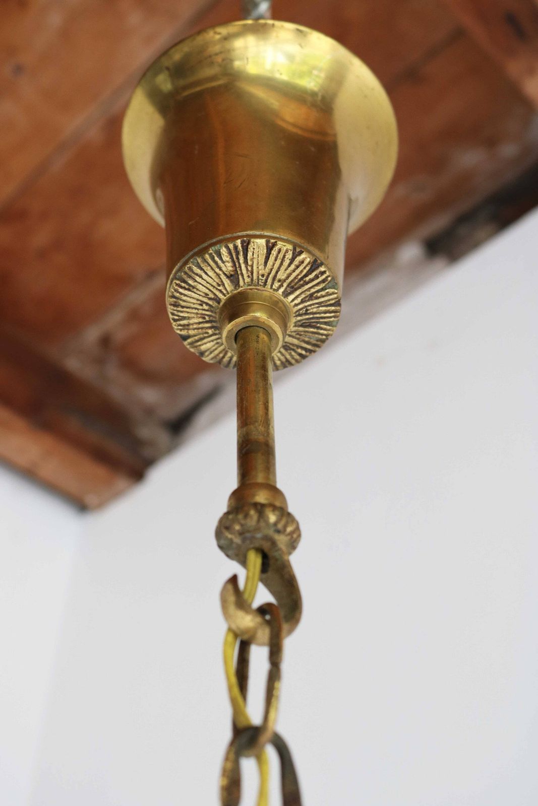 Antique French Rococo Style Brass And Frosted Etched Starburst Glass Lantern Hall Light Vestibule Ceiling Lamp French Provincial, Ca. 1900s photo vinterior