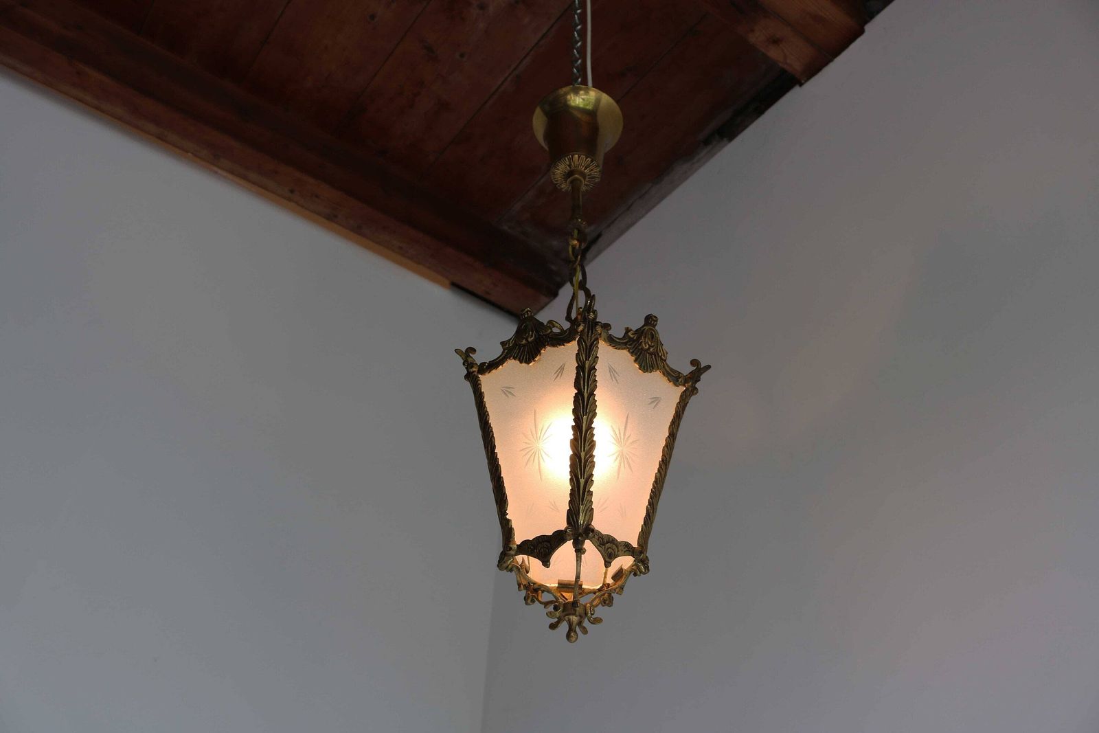 Antique French Rococo Style Brass And Frosted Etched Starburst Glass Lantern Hall Light Vestibule Ceiling Lamp French Provincial, Ca. 1900s photo buy