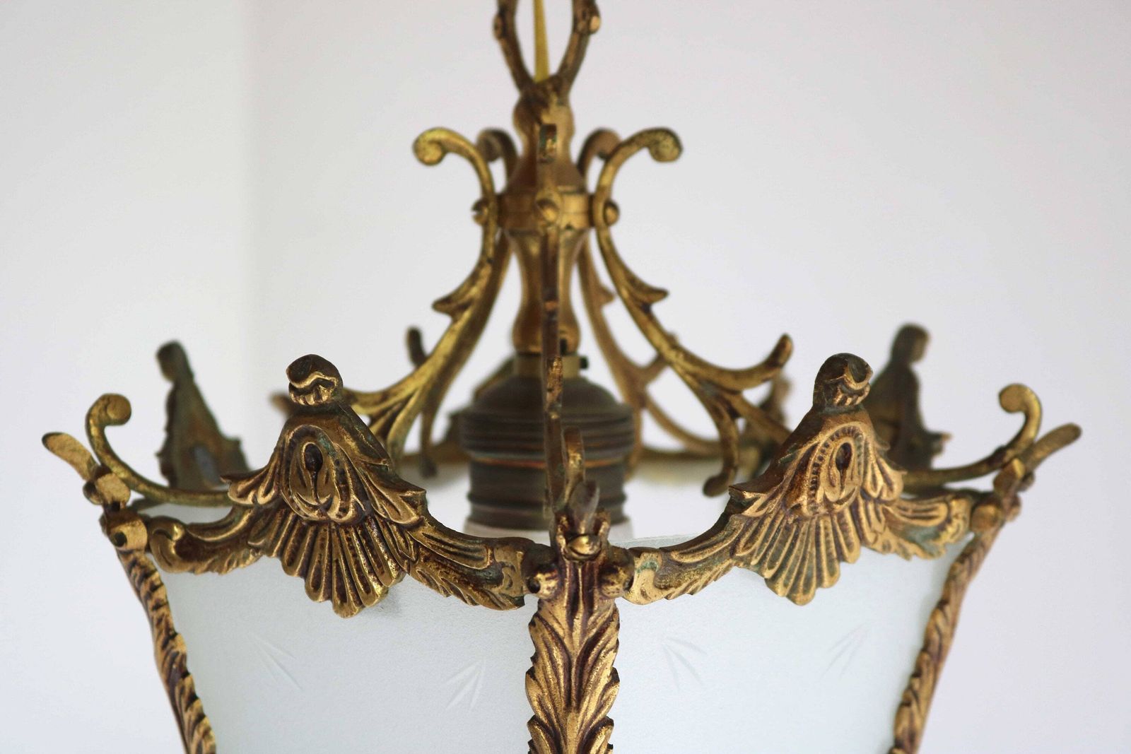Antique French Rococo Style Brass And Frosted Etched Starburst Glass Lantern Hall Light Vestibule Ceiling Lamp French Provincial, Ca. 1900s photo vintage
