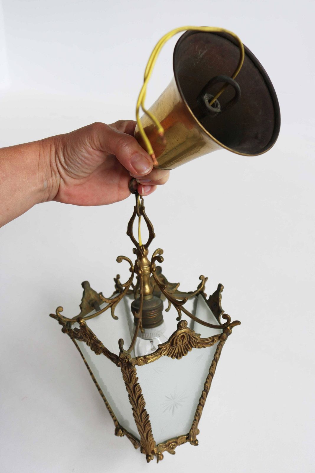 photo furniture Antique French Rococo Style Brass And Frosted Etched Starburst Glass Lantern Hall Light Vestibule Ceiling Lamp French Provincial, Ca. 1900s