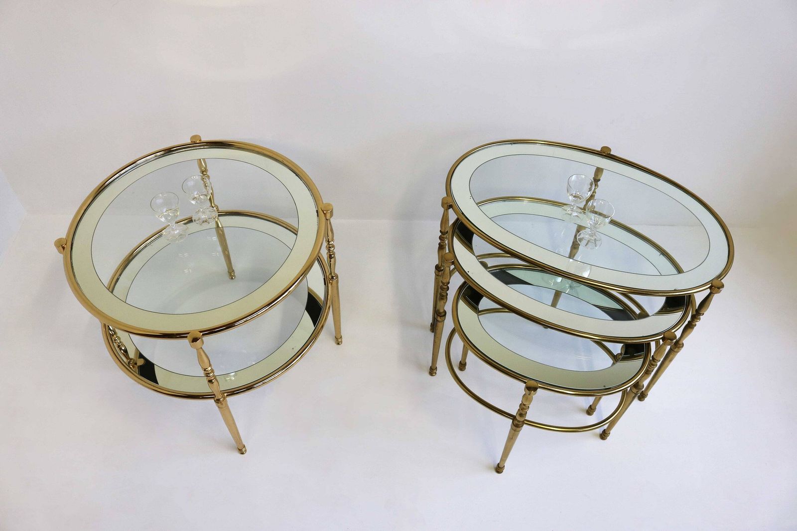 photo for sale Round Brass Side Table With Glass Shelves Surrounded By A Silvered Mirror French. Circa 1970 Hollywood Regency Golden Coffee Table End Table