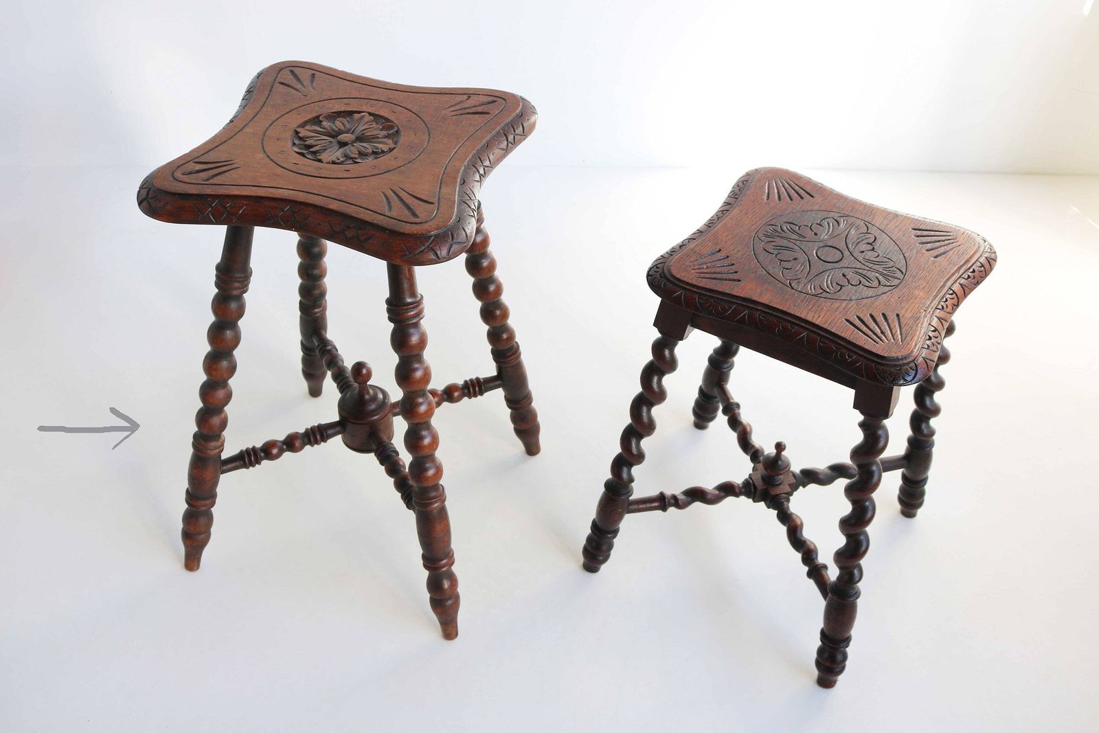 photo for sale English Oak Stool, 19th Century Antique Victorian Style Carved Wood Carved Stool Bobbin Stool Side Table Kettle Stand Craftsmanship