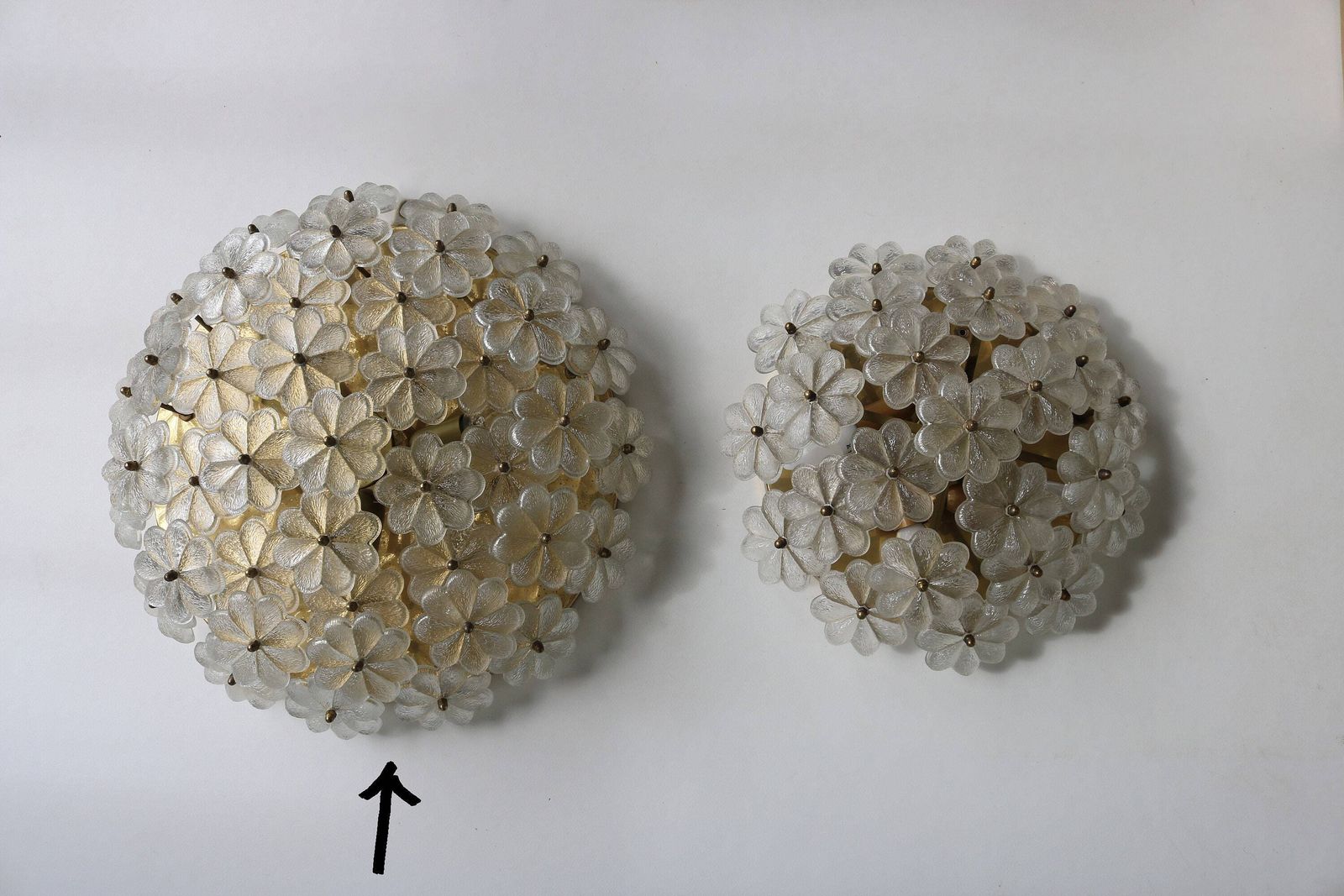 photo for sale Xlarge Appr. 20" Diameter Mid Century Floral Murano Brass Crystal Glass Ceiling Light Ernst Palme Germany 1960 Flower Flush Mount Wall Light