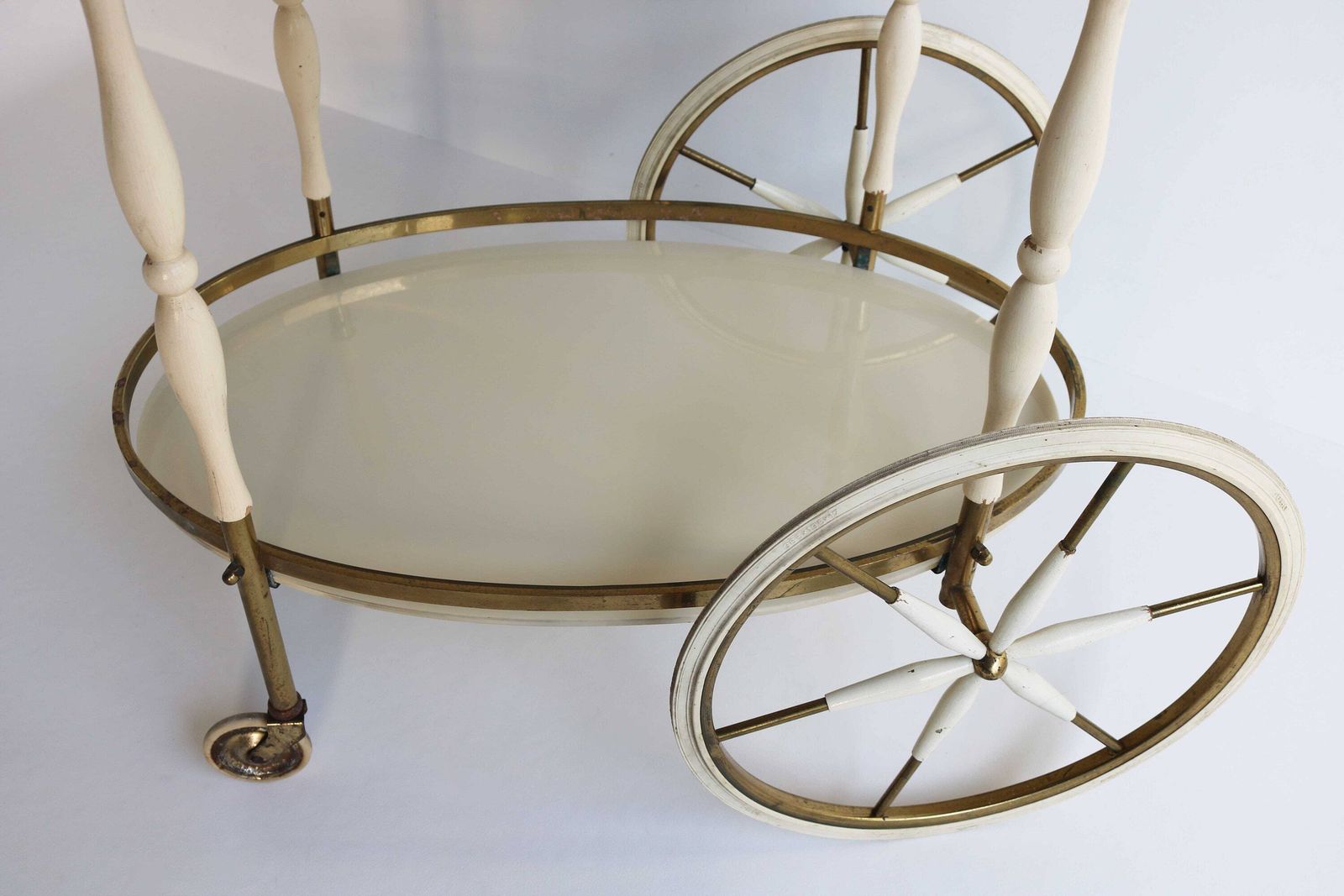 Hollywood Regency Shabby Chic Cream Lacquer Gold Oval Mid Century Wedding Bar Cart Neoclassical Serving Table Trolley Brass Glass Tea 1960s photo vinterior