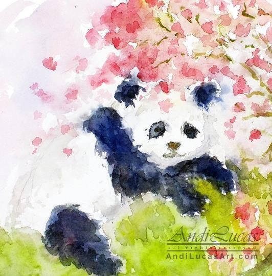 Panda & Cherry Blossom Illustration Original Watercolour Painting Andi J Lucas photo furniture
