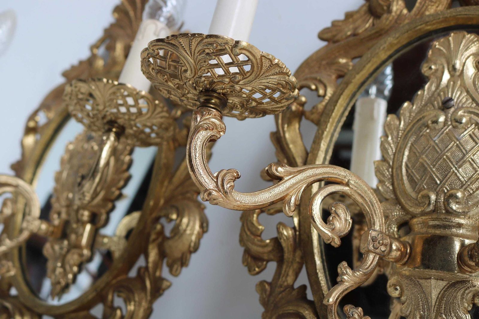 Couple French Mirror Back Double Arm Wall Sconces Ornate Gilt Brass Bronze Louis XV Style Ampliques Wall Lights Wall Lamps Midcentury 1950s photo Home Decor