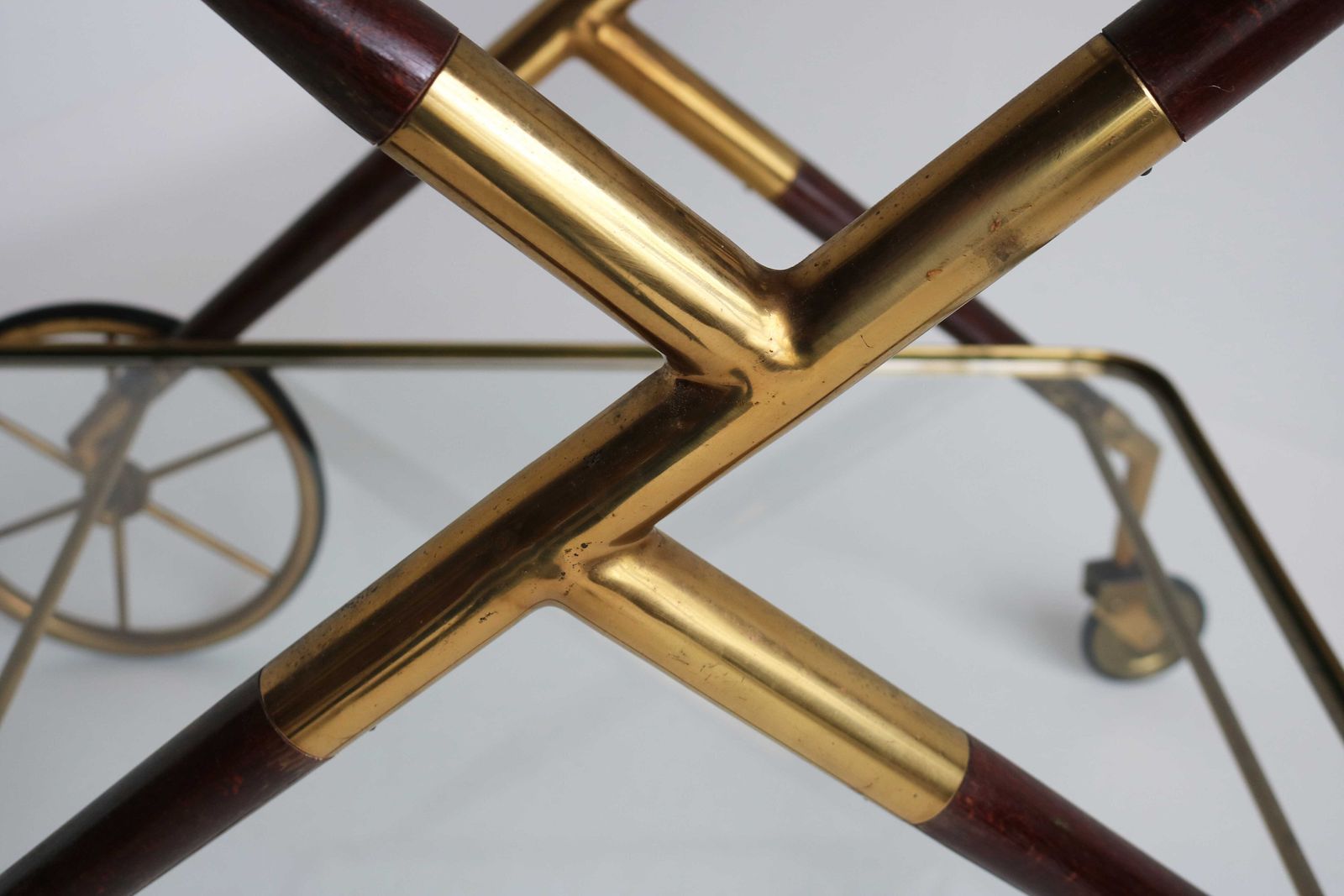 Mid Century Brass And Wood Italian Bar Cart Designed By Cesare Lacca 1957 Antique Side Table Serving Trolley Serving Tray Bottle Holder photo for sale