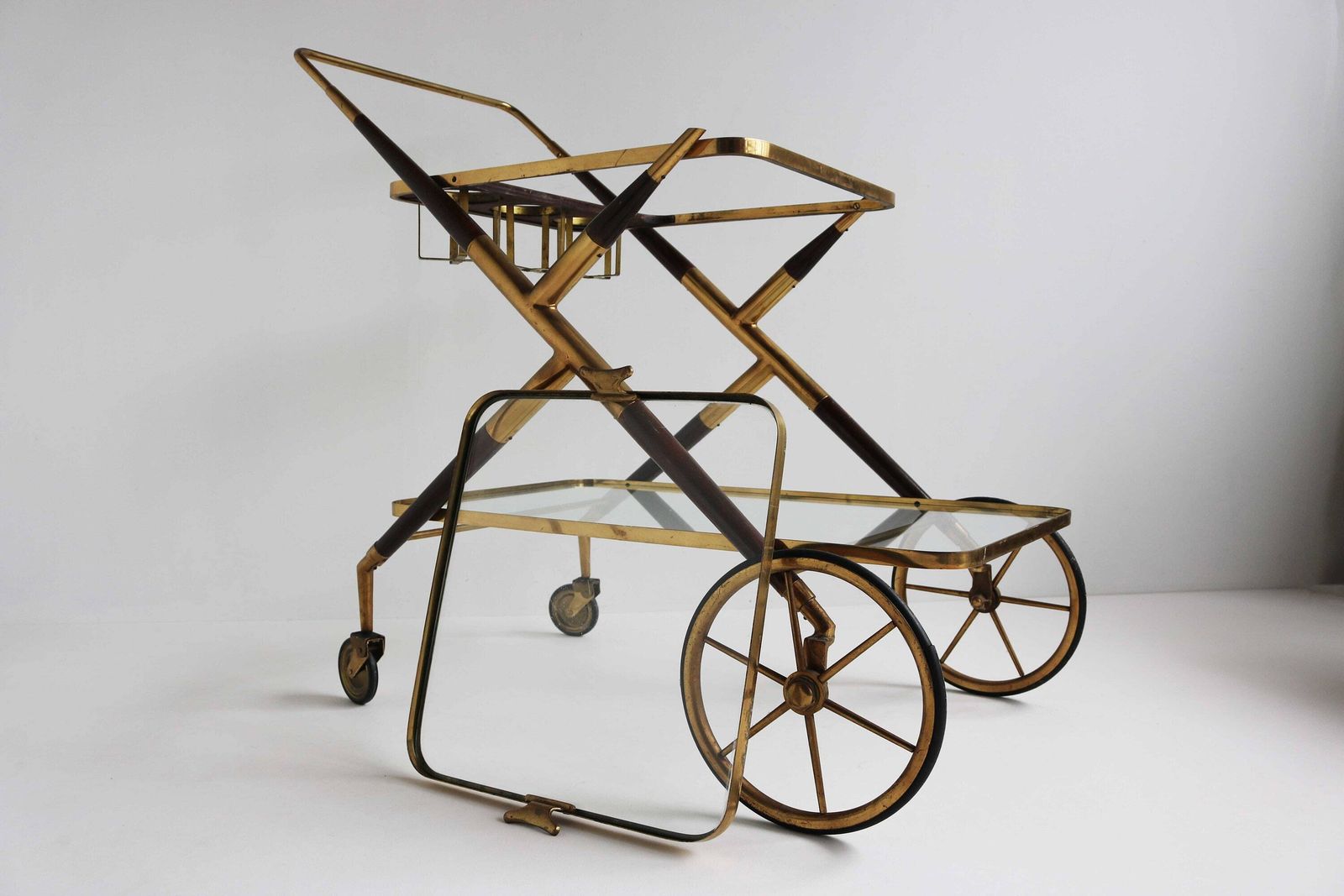 Mid Century Brass And Wood Italian Bar Cart Designed By Cesare Lacca 1957 Antique Side Table Serving Trolley Serving Tray Bottle Holder photo 2422.0