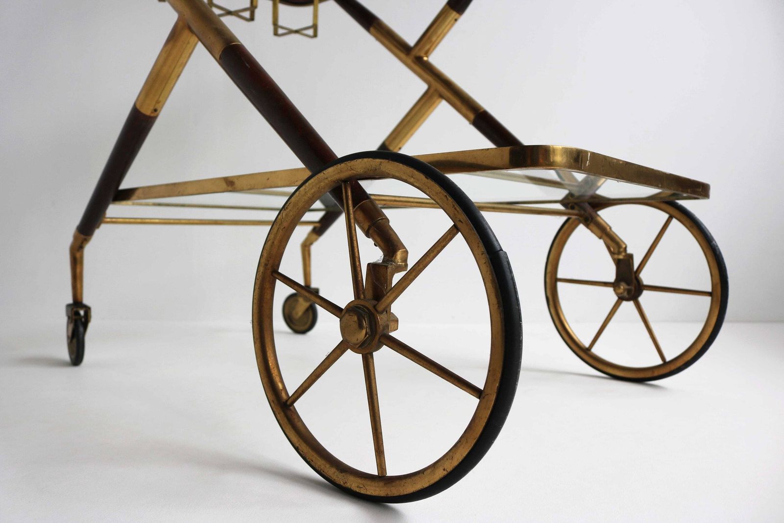 photo furniture Mid Century Brass And Wood Italian Bar Cart Designed By Cesare Lacca 1957 Antique Side Table Serving Trolley Serving Tray Bottle Holder