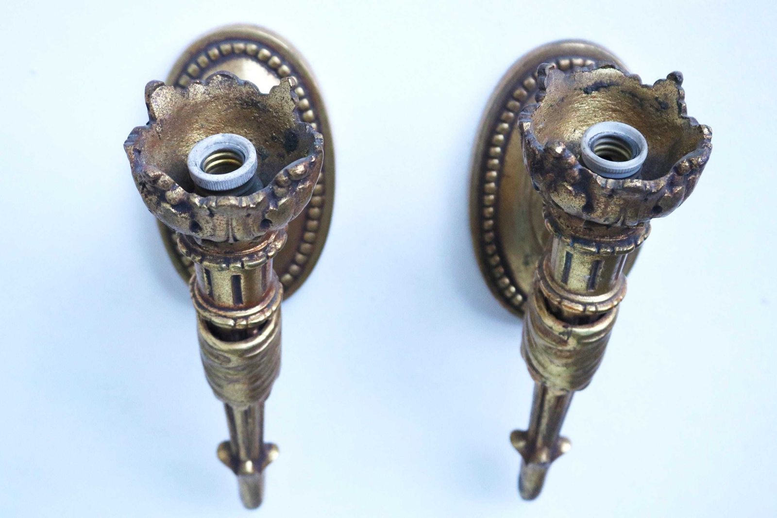 Paar Antieke Franse Empire Stijl Bronzen Wandfakkels, Set Van Twee Wandlampen, Ca. Jaren 1900 photo vintage