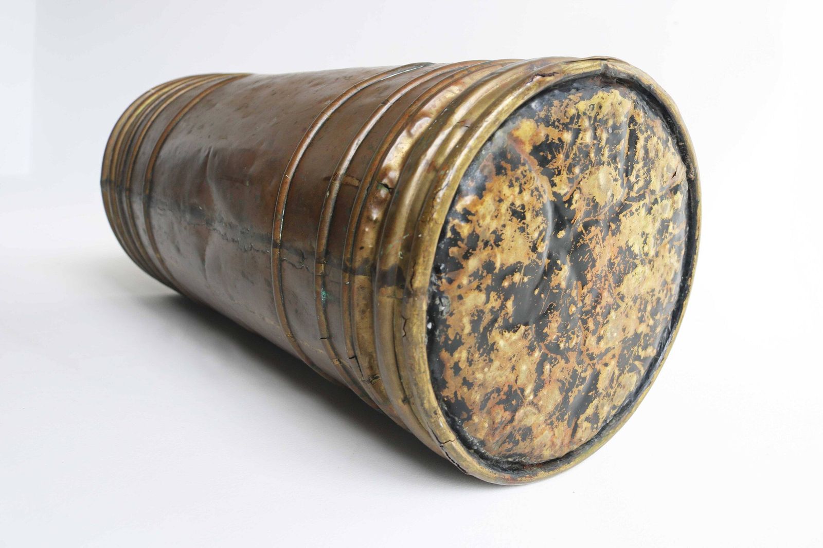 photo furniture Antique Handmade Cylindrical Form Deeply Embossed Walking Stick Stand Umbrella Stand Umbrella Holder Craftsmanship Farmer Scene 1920 1930s