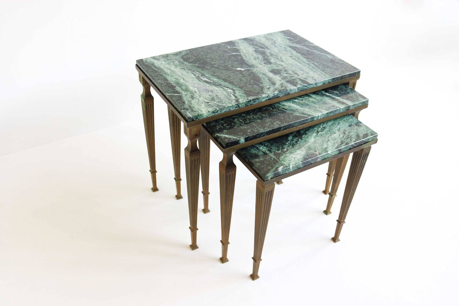 Regency Brass And Marble Nesting Side Tables, Style Maison Jansen Mid Century Nest Of Tables With Green Marble Tops France Louis XVI Empire photo for sale