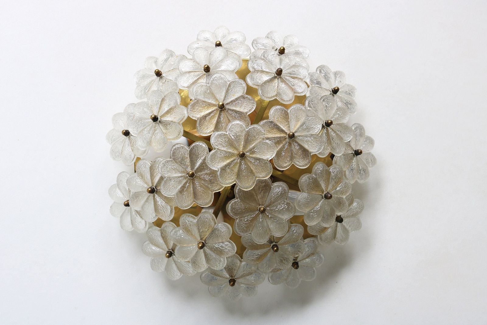 Large Appr. 16" Diameter Mid Century Floral Murano Brass Crystal Glass Ceiling Light Ernst Palme Germany 1960 Flower Flush Mount Wall Light photo furniture