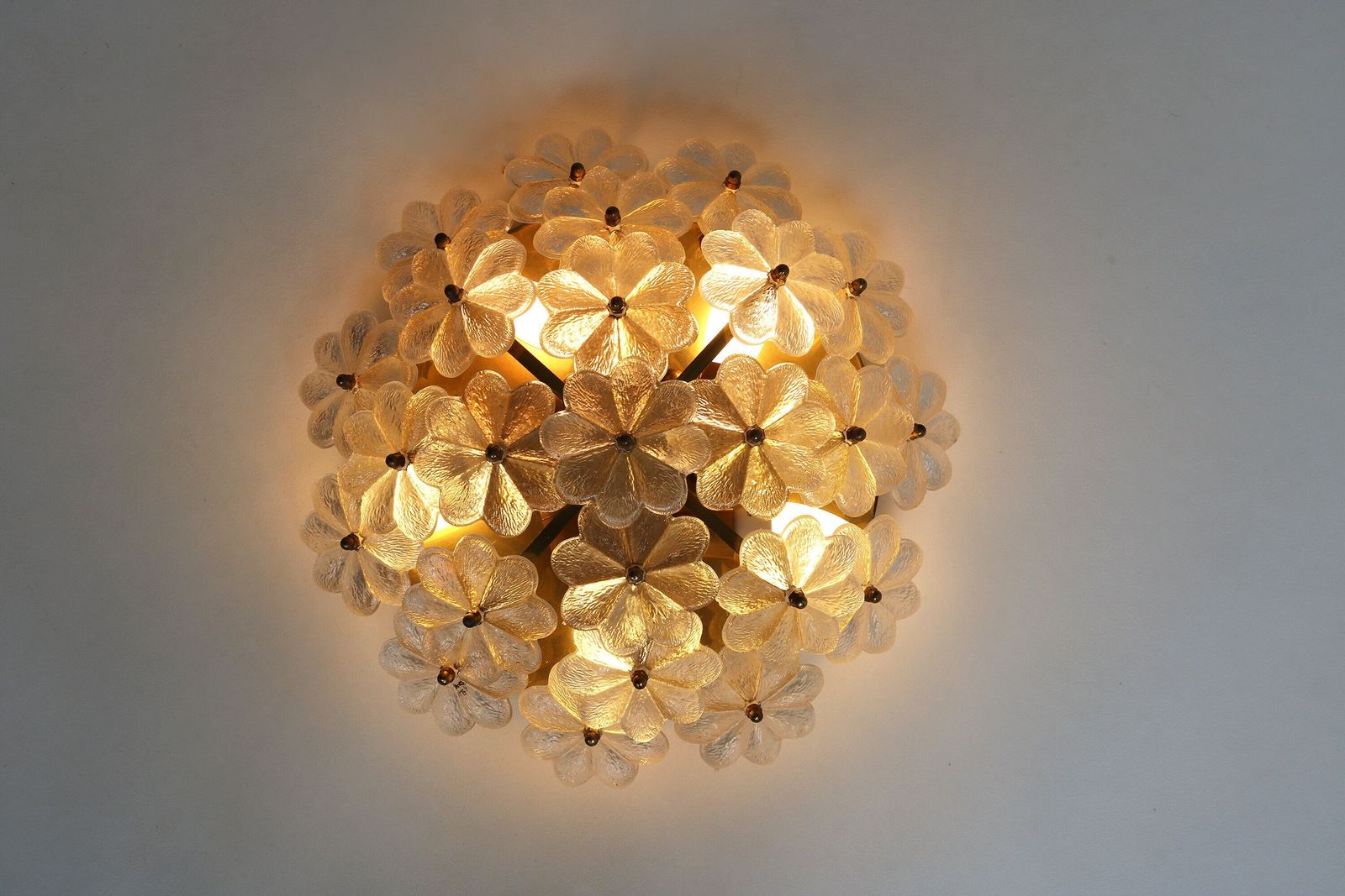 Large Appr. 16" Diameter Mid Century Floral Murano Brass Crystal Glass Ceiling Light Ernst Palme Germany 1960 Flower Flush Mount Wall Light photo 1433.0