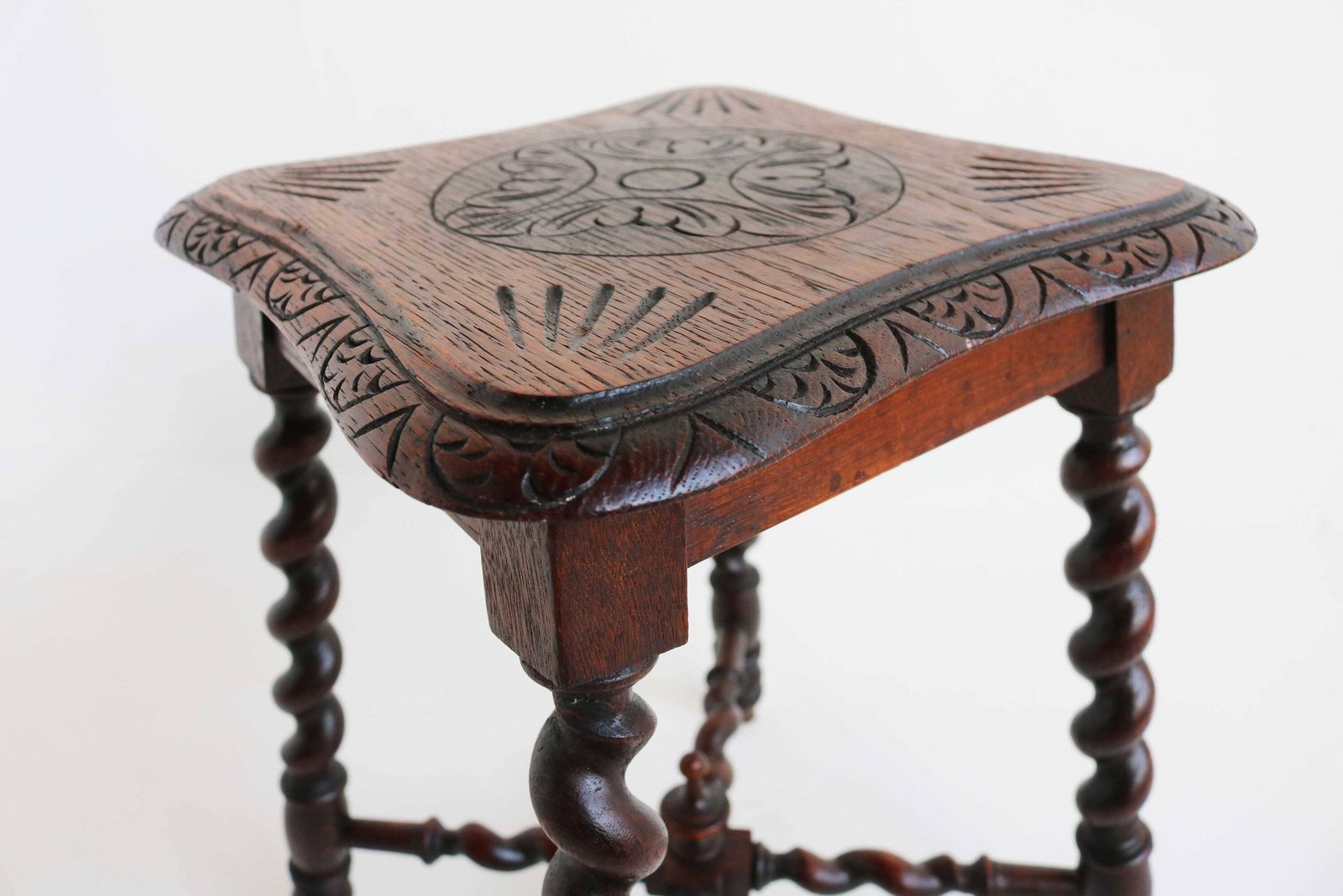 Rustic English Oak Stool Antique Victorian Style Carved Wood Carved Stool Barley Twist Stool Side Table Kettle Stand Country Home 1880 1900 photo furniture
