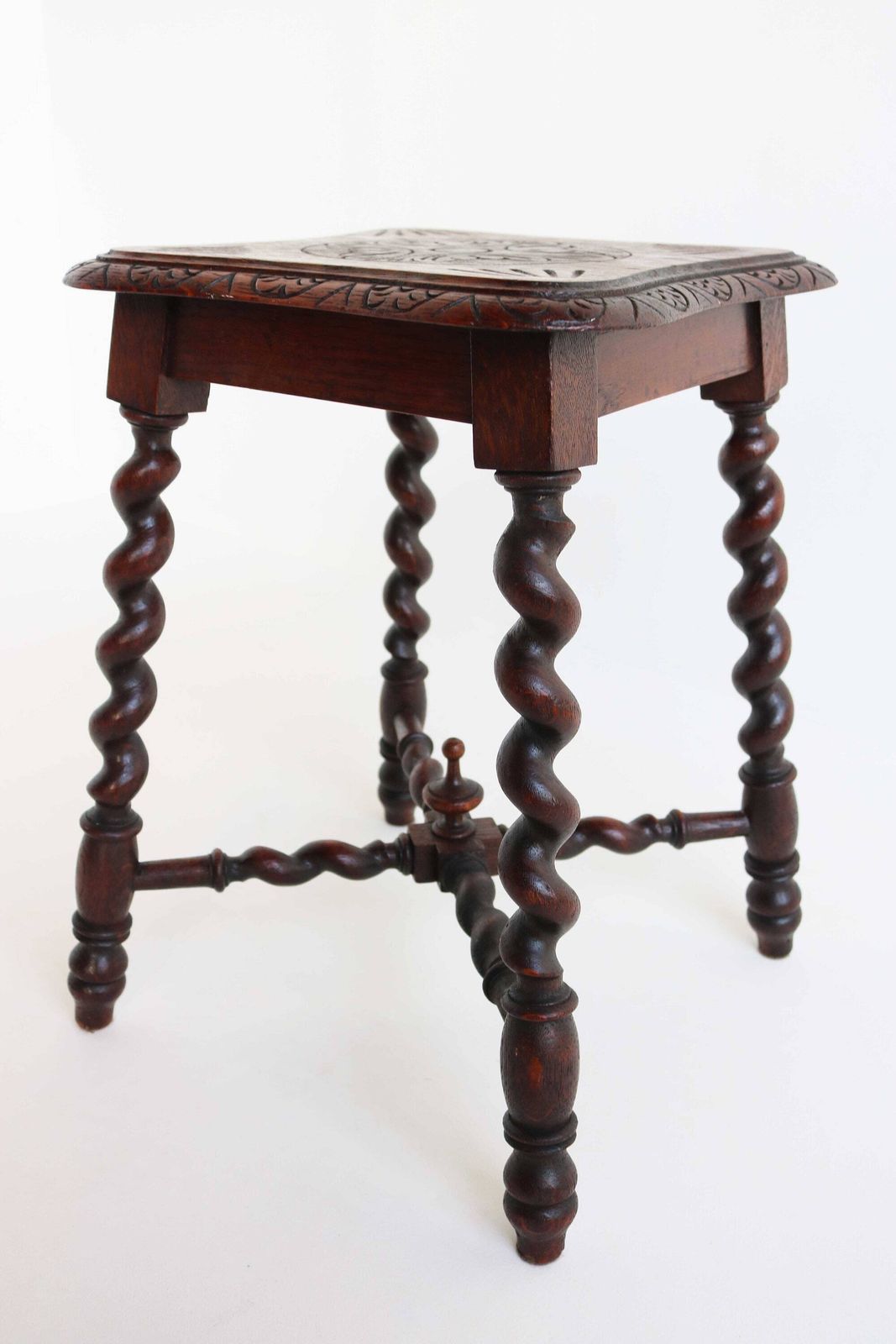 Rustic English Oak Stool Antique Victorian Style Carved Wood Carved Stool Barley Twist Stool Side Table Kettle Stand Country Home 1880 1900 photo 580.0
