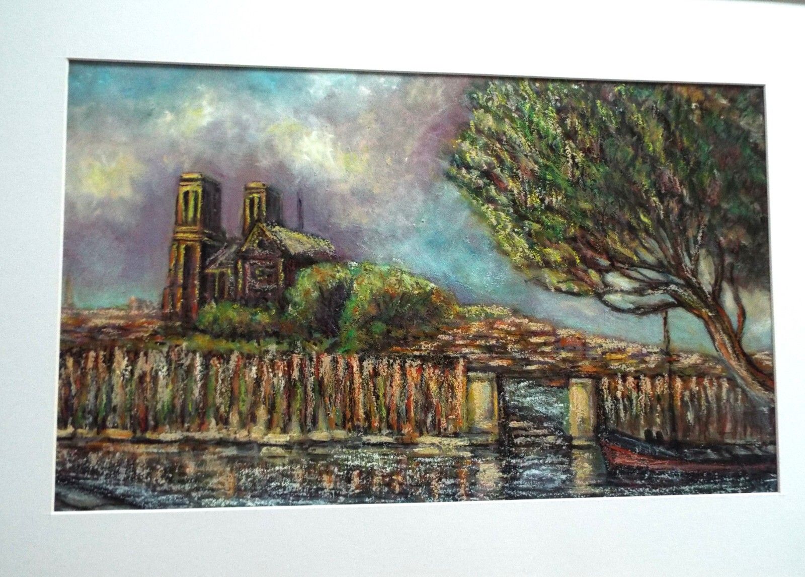 Notre Dame Paris From The Banks Of The River Seine, Original Framed Oil Painting photo furniture