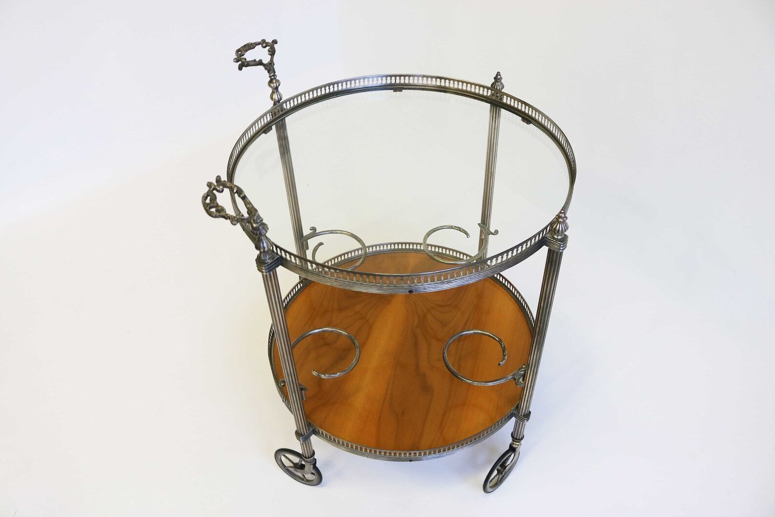 Mid Century Round Silver Bar Cart Clear Glass And Wood Four Bottle Holders And Two Handles Vintage Serving Trolly Tea Cart Side Table 1950s photo 1433.0