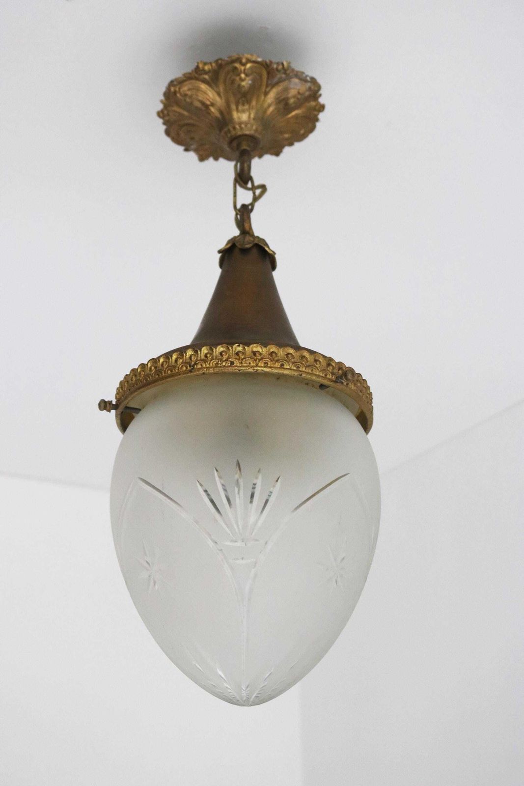 Antique French Hanging Lamp In Gilded Brass And Frosted Etched Glass Teardrop Shape Ceiling Lamp Pendant Light Ca. 1910 photo furniture
