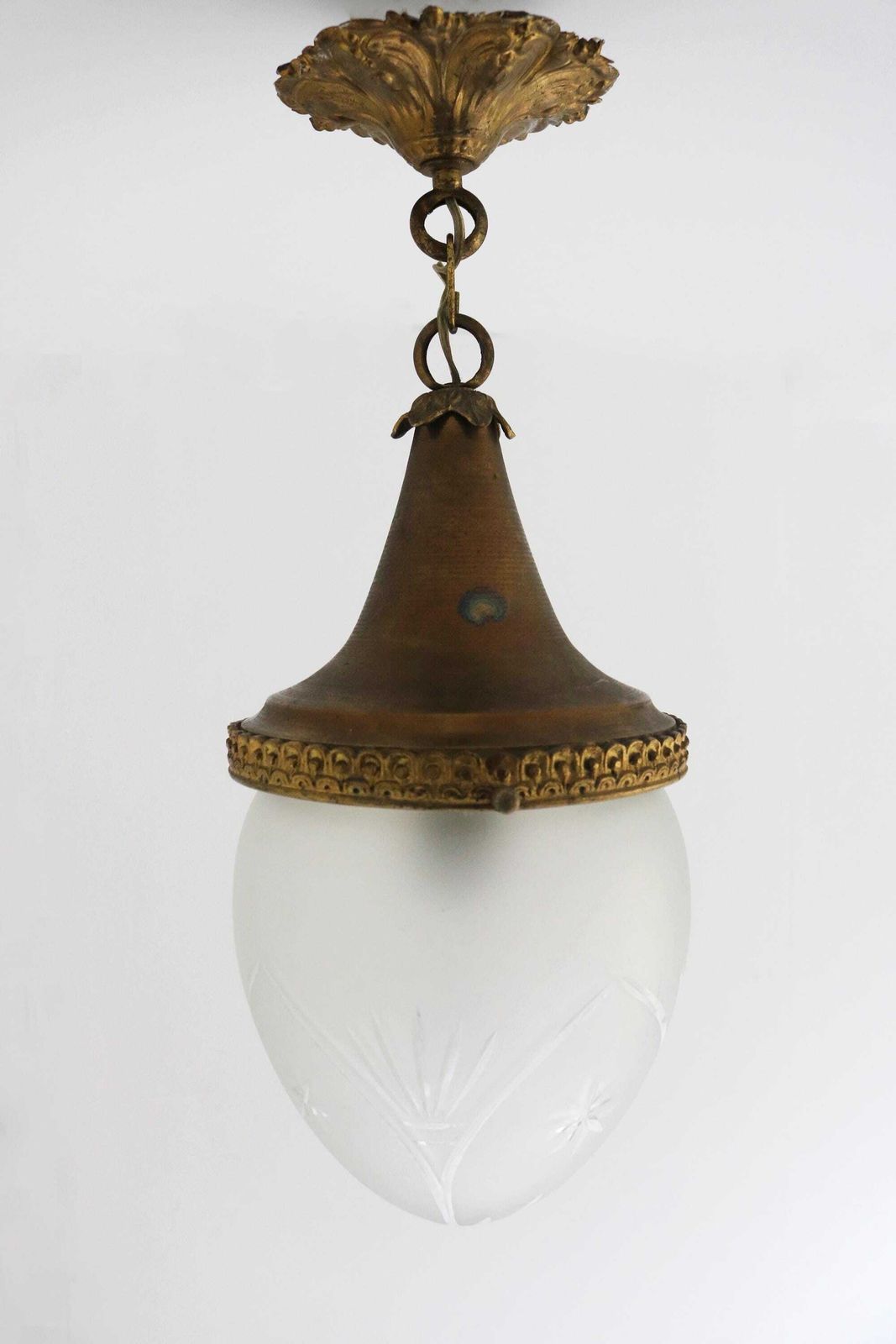 Antique French Hanging Lamp In Gilded Brass And Frosted Etched Glass Teardrop Shape Ceiling Lamp Pendant Light Ca. 1910 photo vinterior