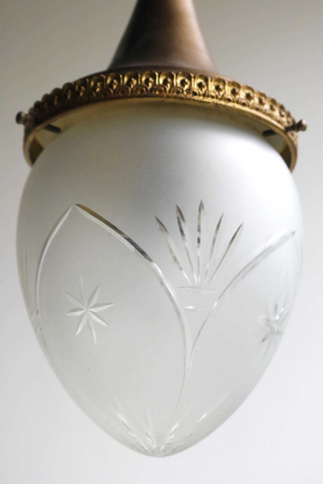 Antique French Hanging Lamp In Gilded Brass And Frosted Etched Glass Teardrop Shape Ceiling Lamp Pendant Light Ca. 1910 photo vintage