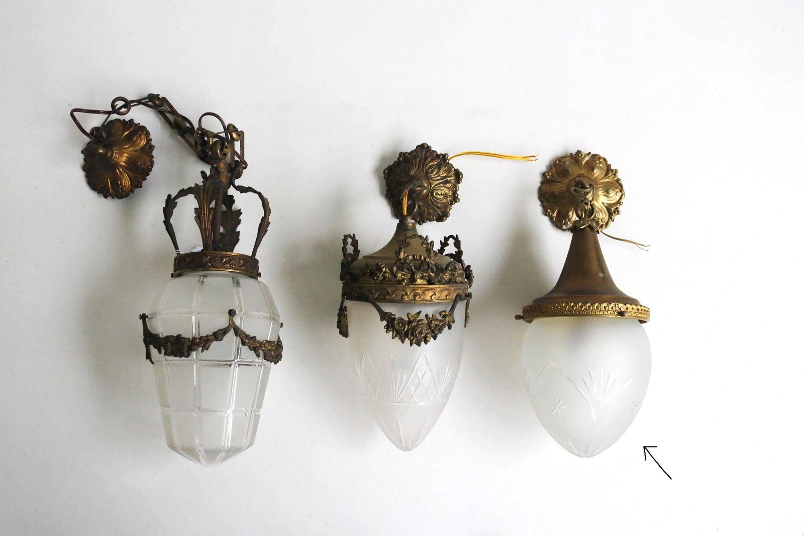 photo for sale Antique French Hanging Lamp In Gilded Brass And Frosted Etched Glass Teardrop Shape Ceiling Lamp Pendant Light Ca. 1910
