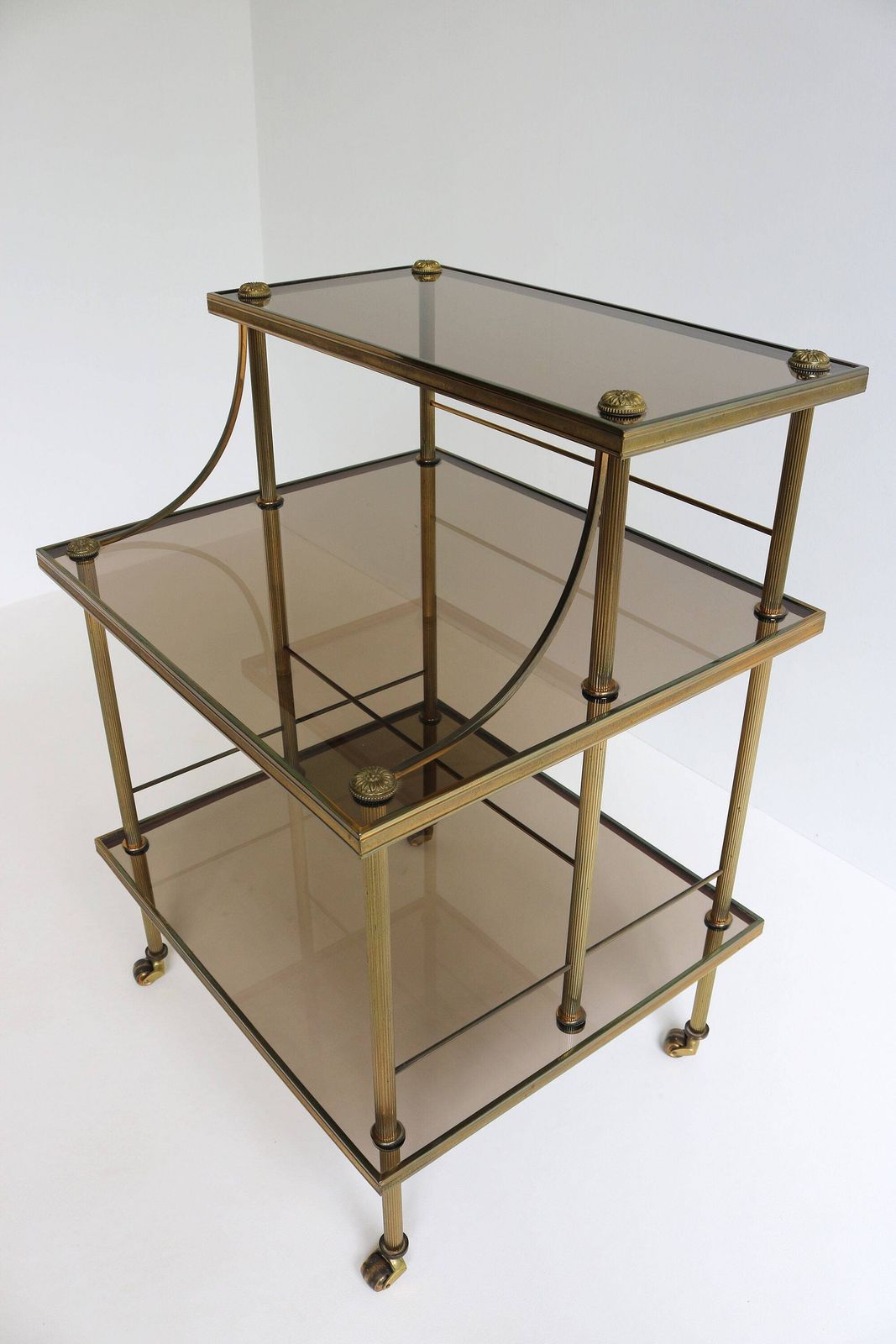 Quality French Brass & Smoked Glass Drinks Trolley Hollywood Regency Serving Trolley Mid Century Tiered Side Table Jansen Bagues Style 1970 photo 1973.0