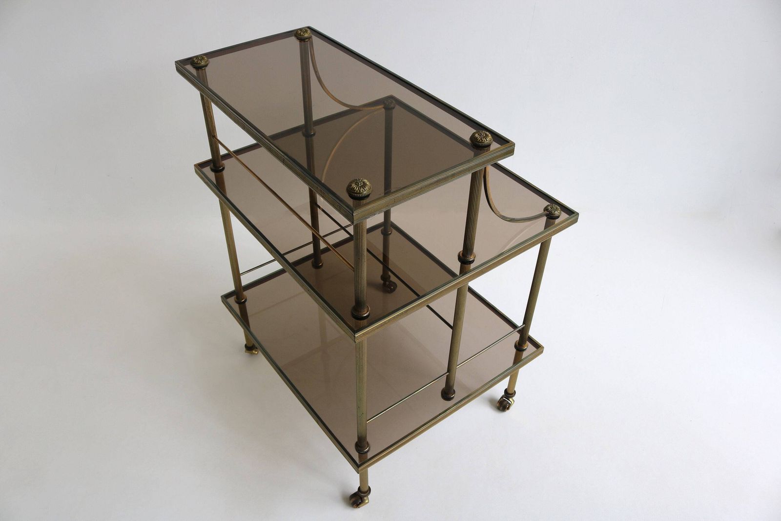 Quality French Brass & Smoked Glass Drinks Trolley Hollywood Regency Serving Trolley Mid Century Tiered Side Table Jansen Bagues Style 1970 photo vintage