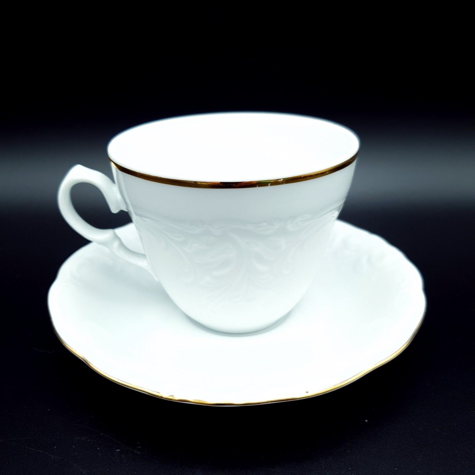 Rockley Fine Porcelain Set Of 5 White Gold Tea Cup, Saucer, Dish, Plates Vintage photo for sale