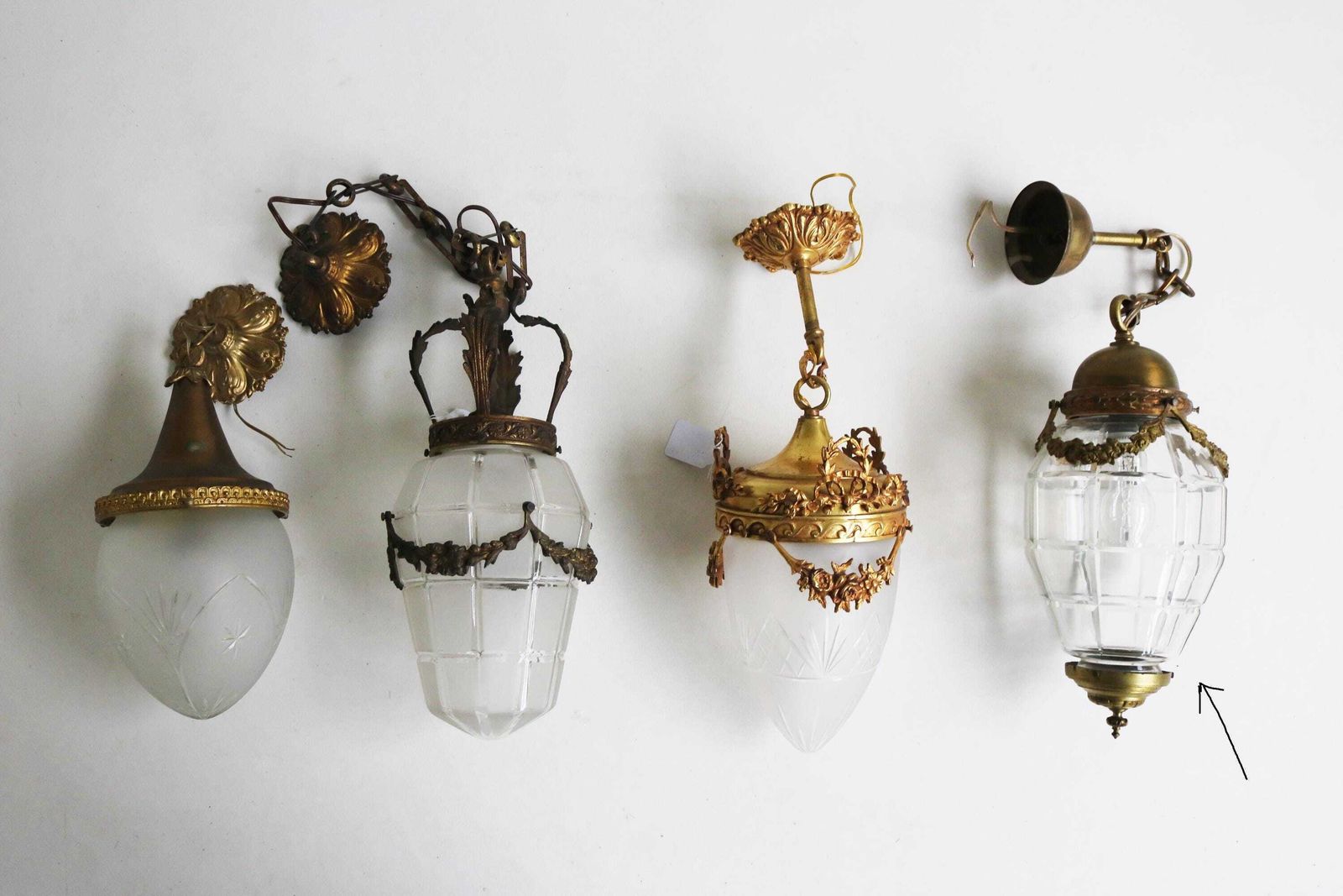 photo for sale Antique Art Deco French Hanging Lamp With Garlands , Gilded Brass And Etched Glass Ceiling Lamp Hallway Pendant Lamp Lantern, 1930s