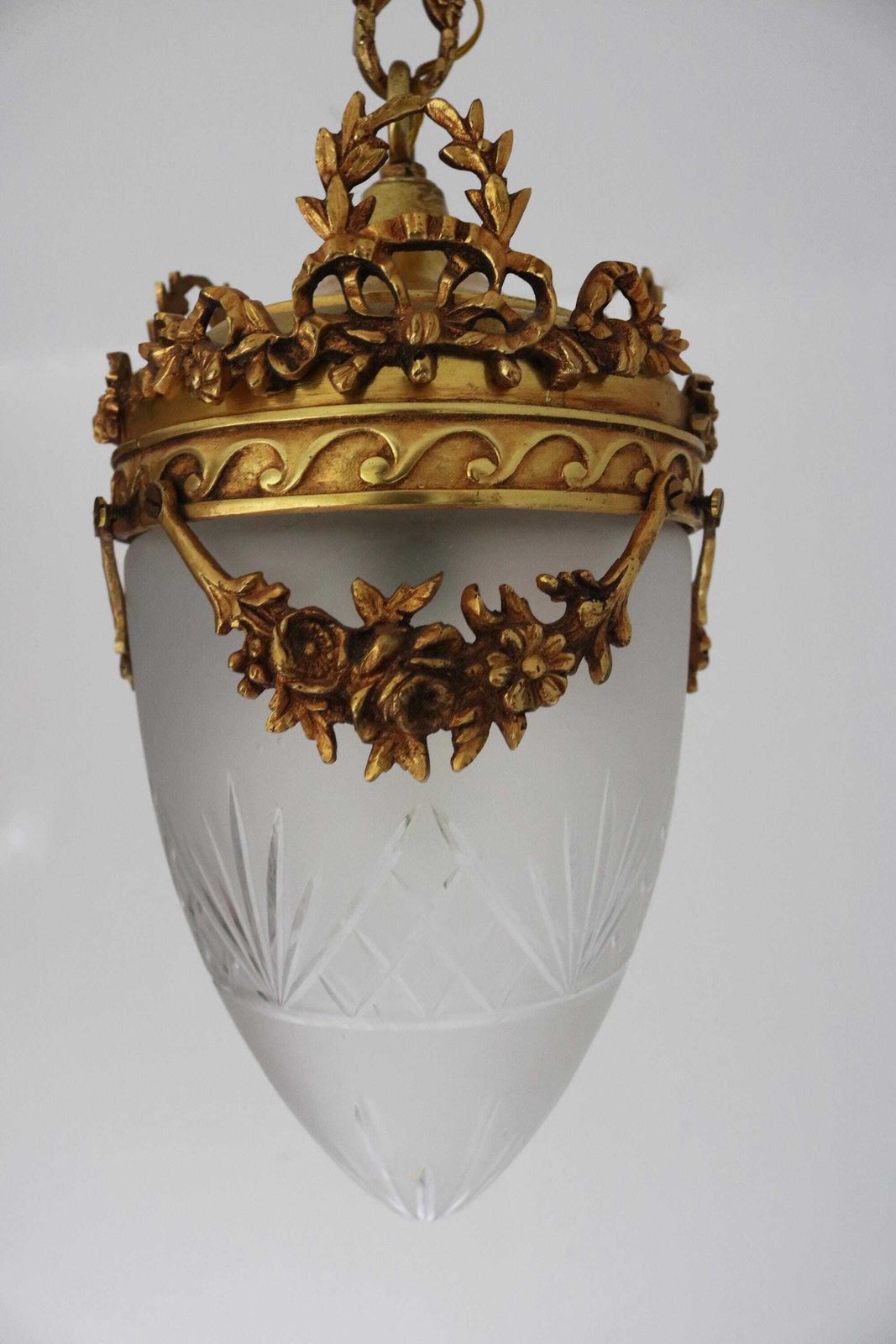 Mid  Century French Hanging Lamp In Gilded Brass And Frosted Etched Glass Art Nouveau Style Teardrop Shape Ceiling Lamp Louis XVI Style photo furniture